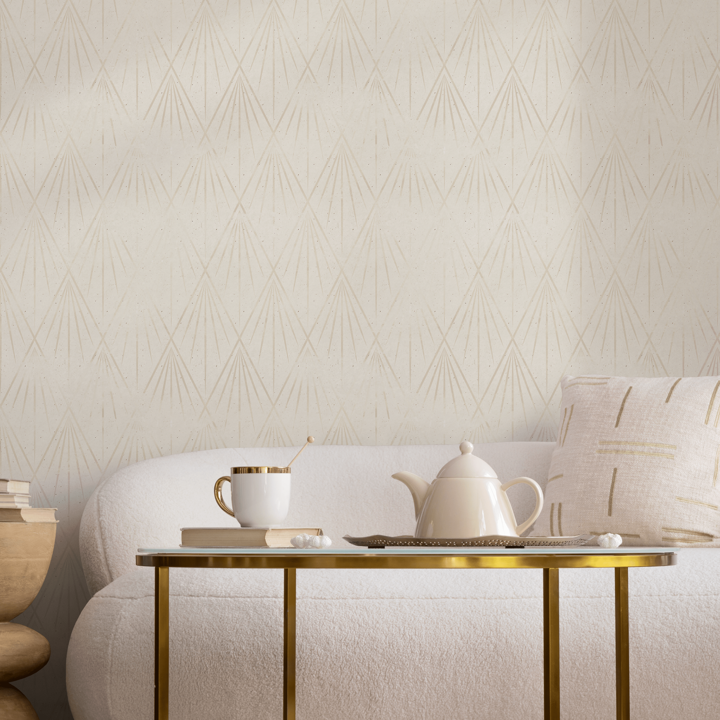 Art Deco Wallpaper With A Delicate Fan Motif In Cream And Beige - B552