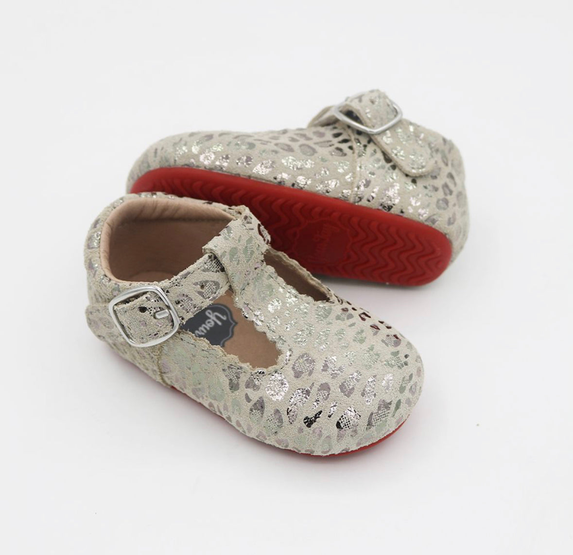 T-straps - Silver Suede Leopard/red Soles
