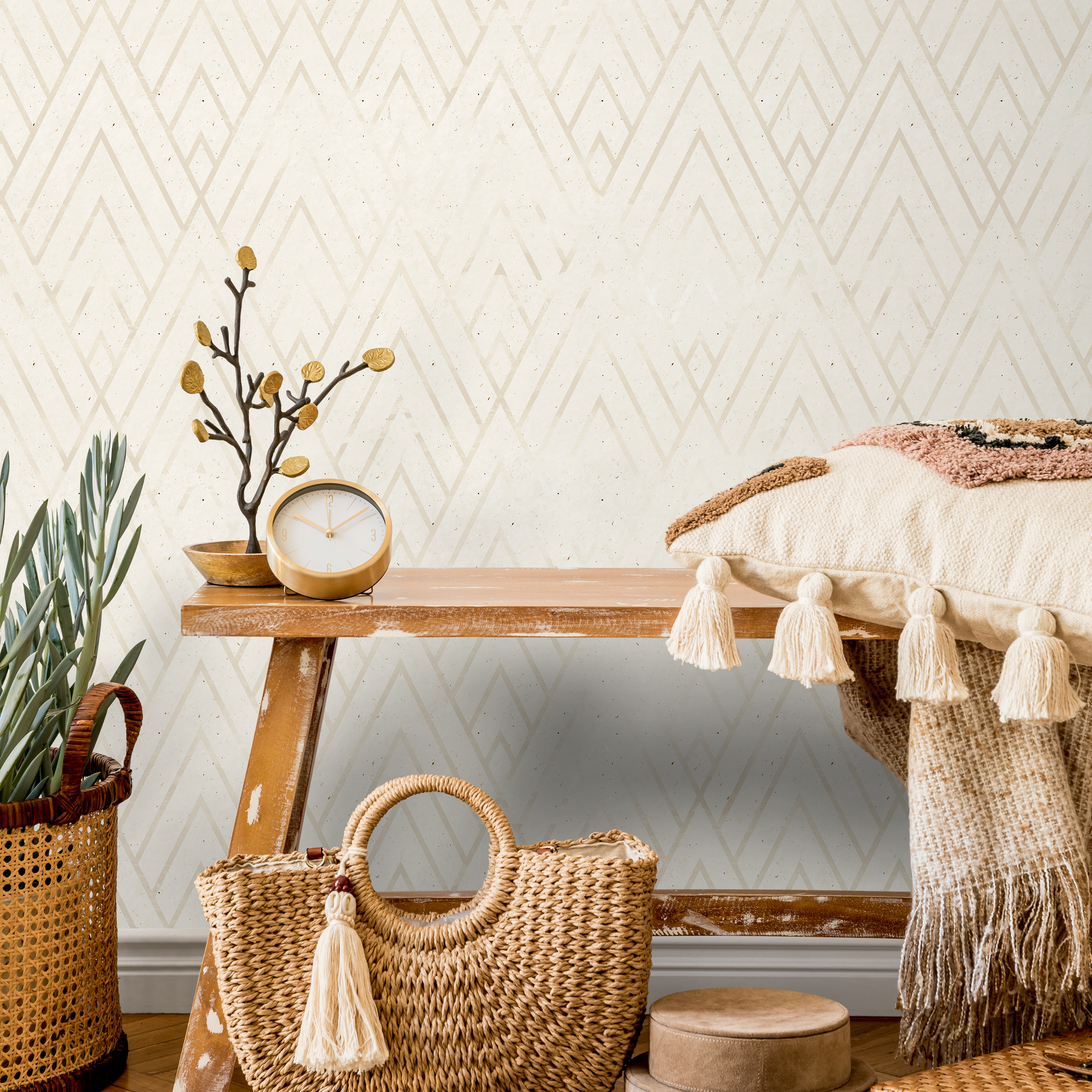 Geometric Wallpaper With An Abstract Mountain Motif In Beige And Cream - B553