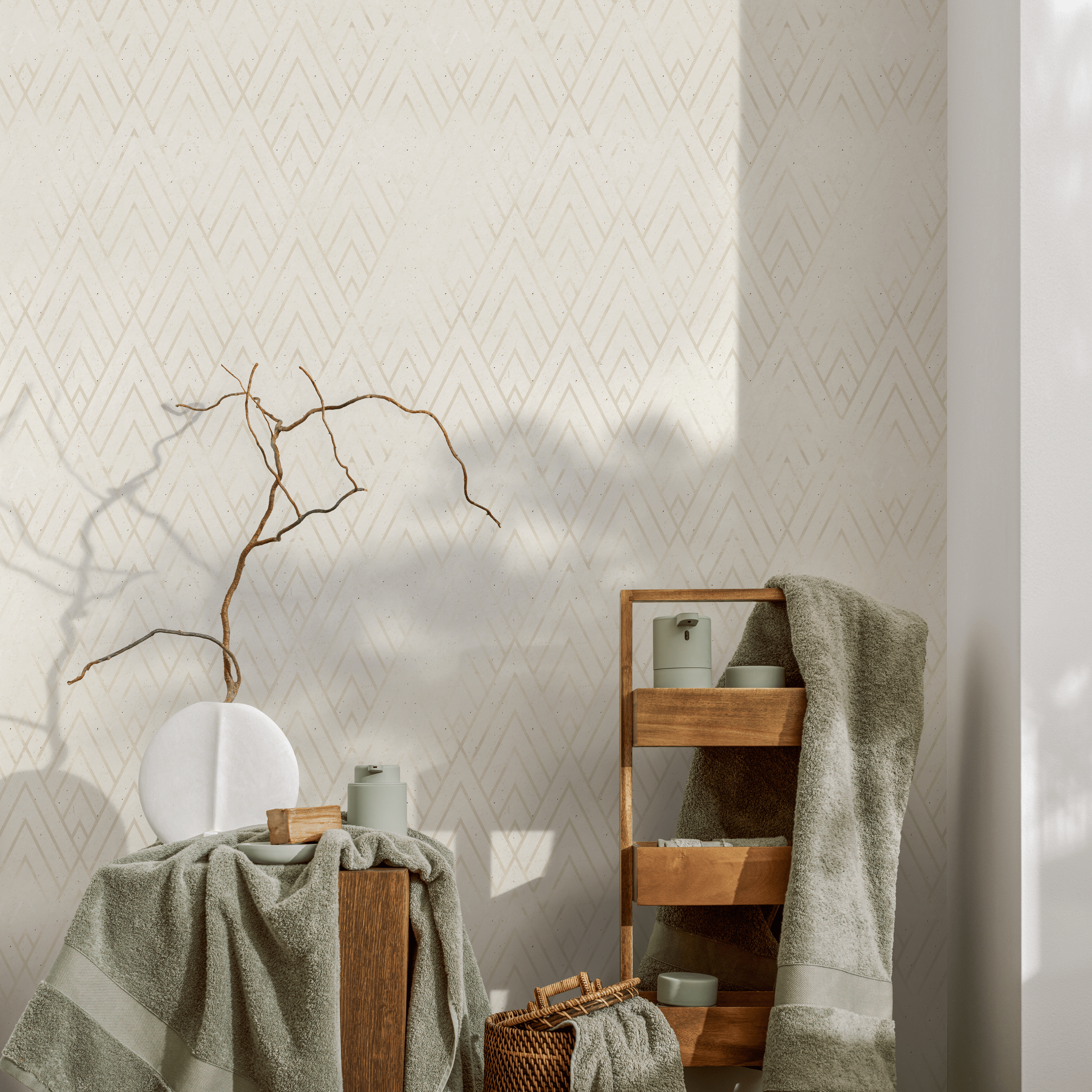 Geometric Wallpaper With An Abstract Mountain Motif In Beige And Cream - B553
