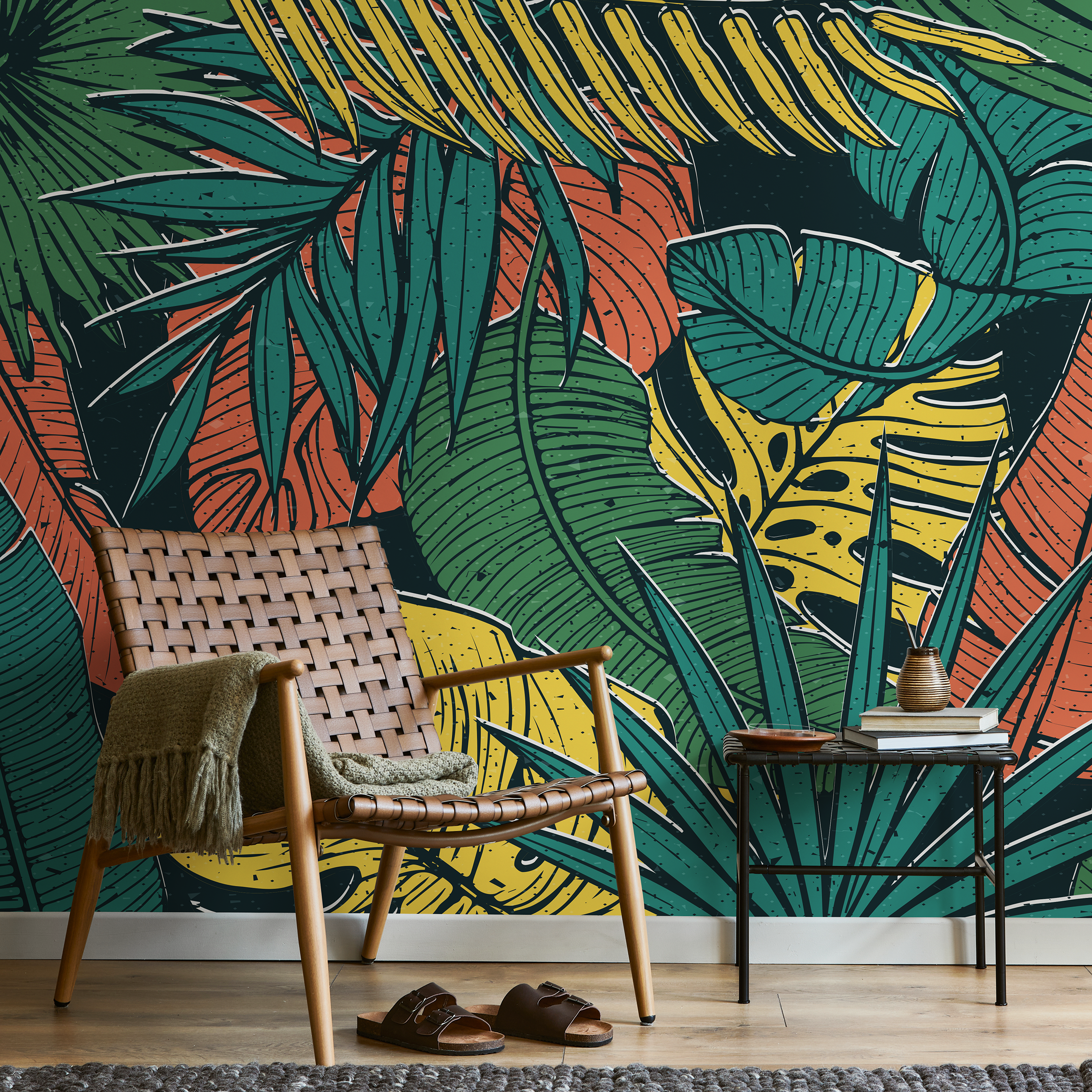 Tropical Wallpaper With A Bold Jungle Leaf Motif In Green, Yellow, And Orange - B555