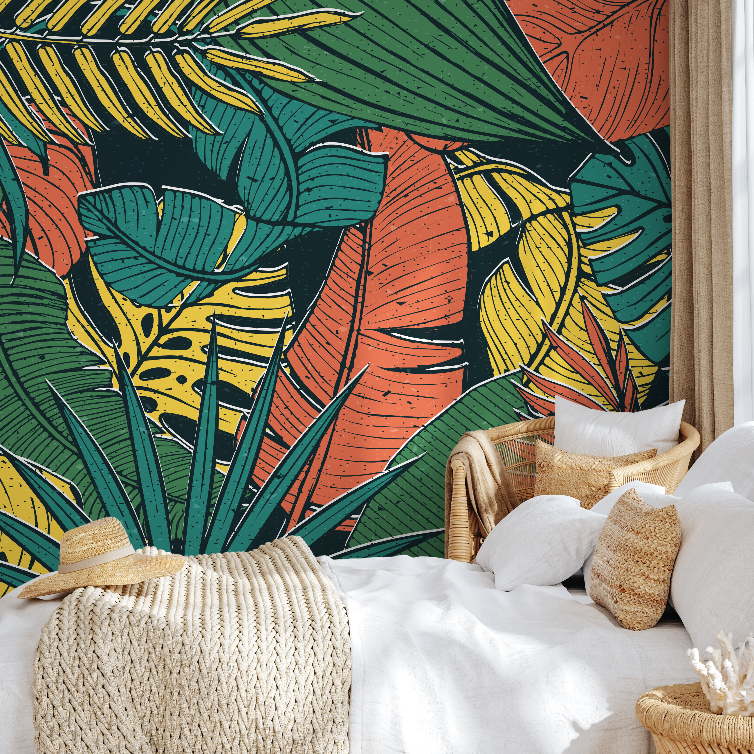 Tropical Wallpaper With A Bold Jungle Leaf Motif In Green, Yellow, And Orange - B555