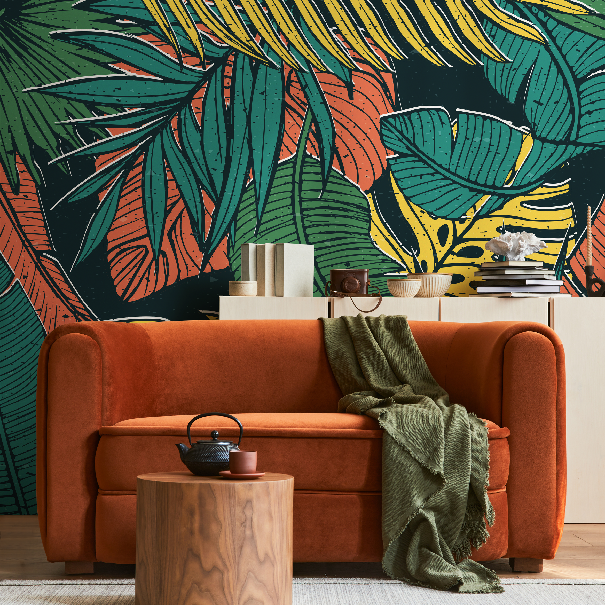 Tropical Wallpaper With A Bold Jungle Leaf Motif In Green, Yellow, And Orange - B555