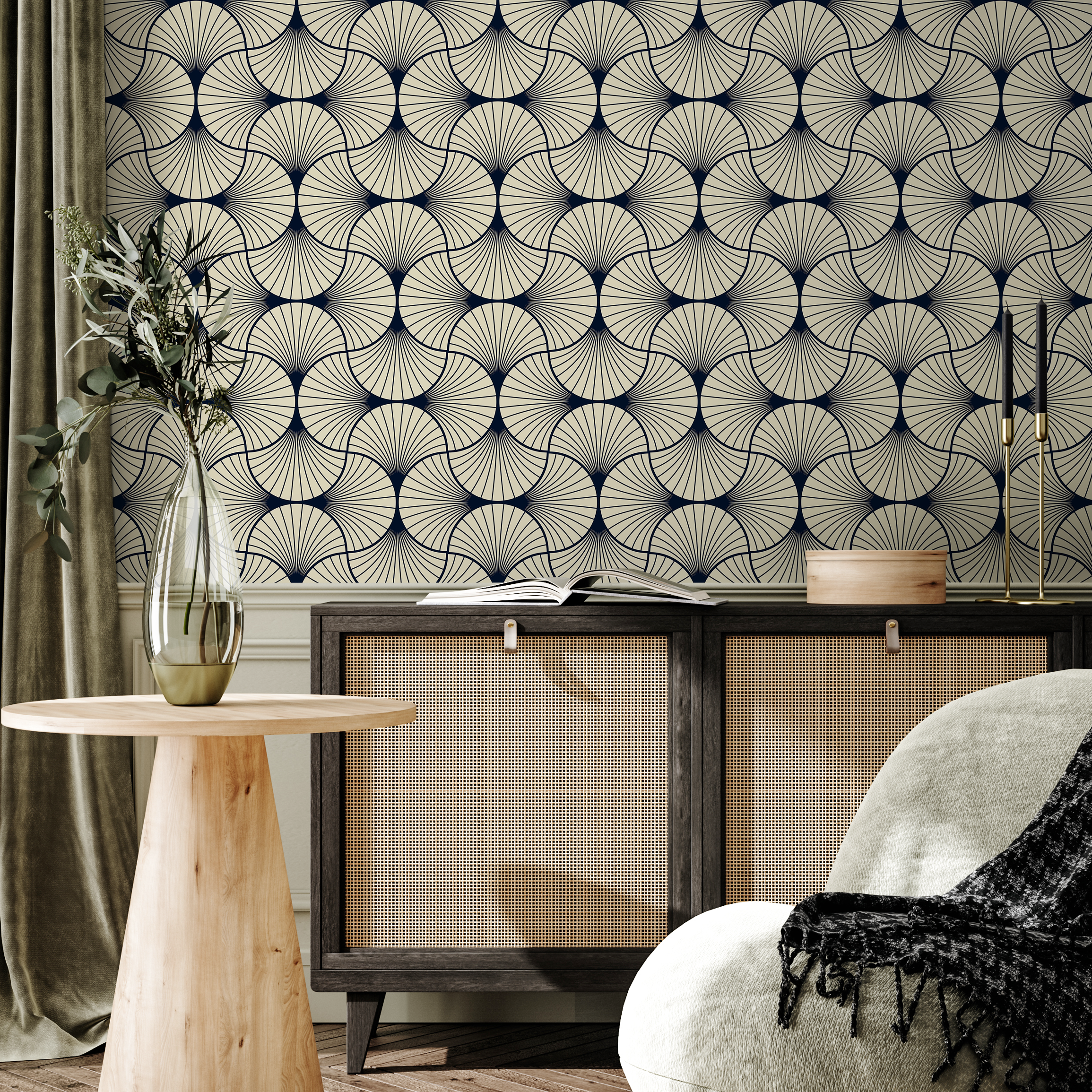 Art Deco Wallpaper With An Elegant Fan Pattern In Navy Blue And Cream - B559