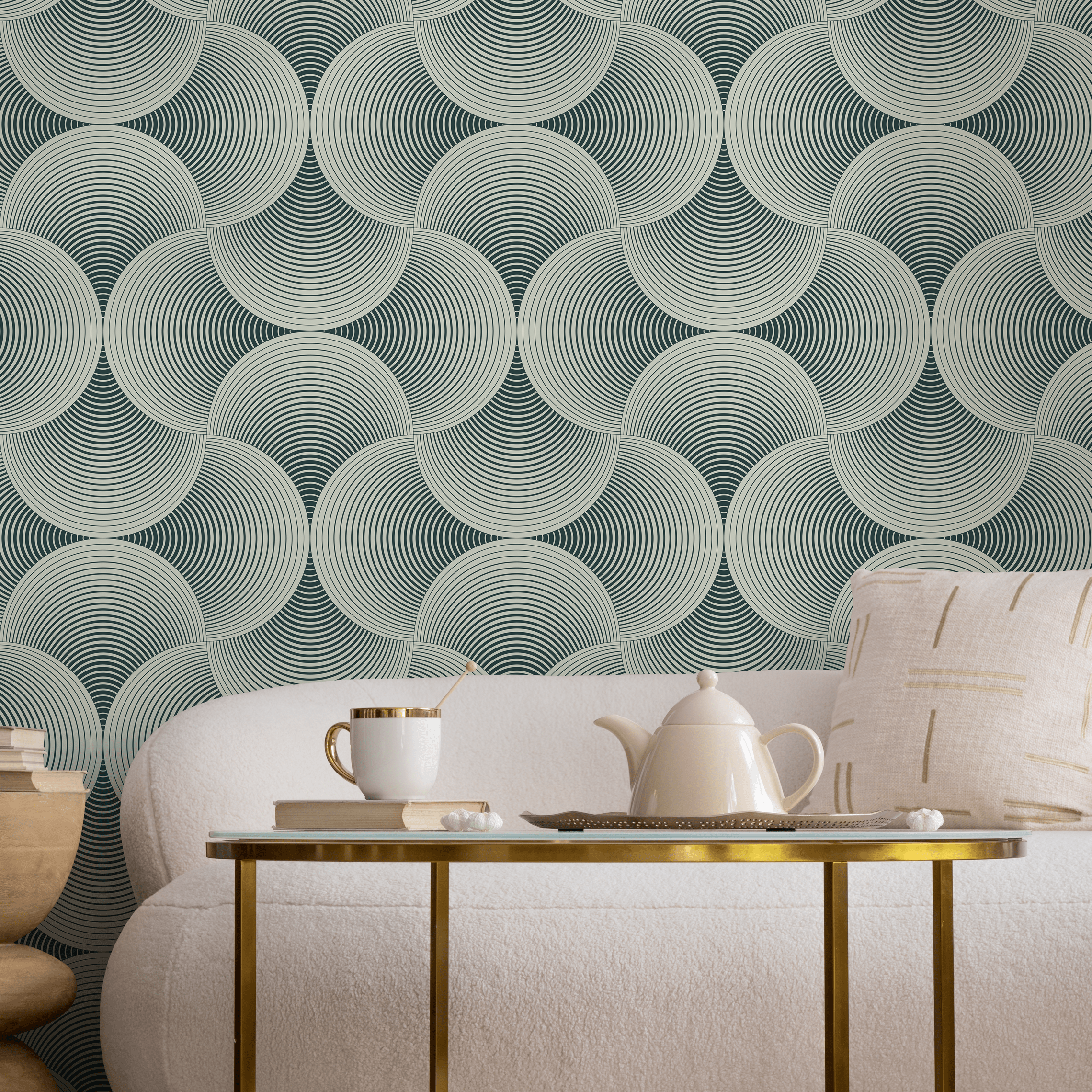 Art Deco Wallpaper With A Scalloped Fan Motif In Dark Teal And Cream - B560
