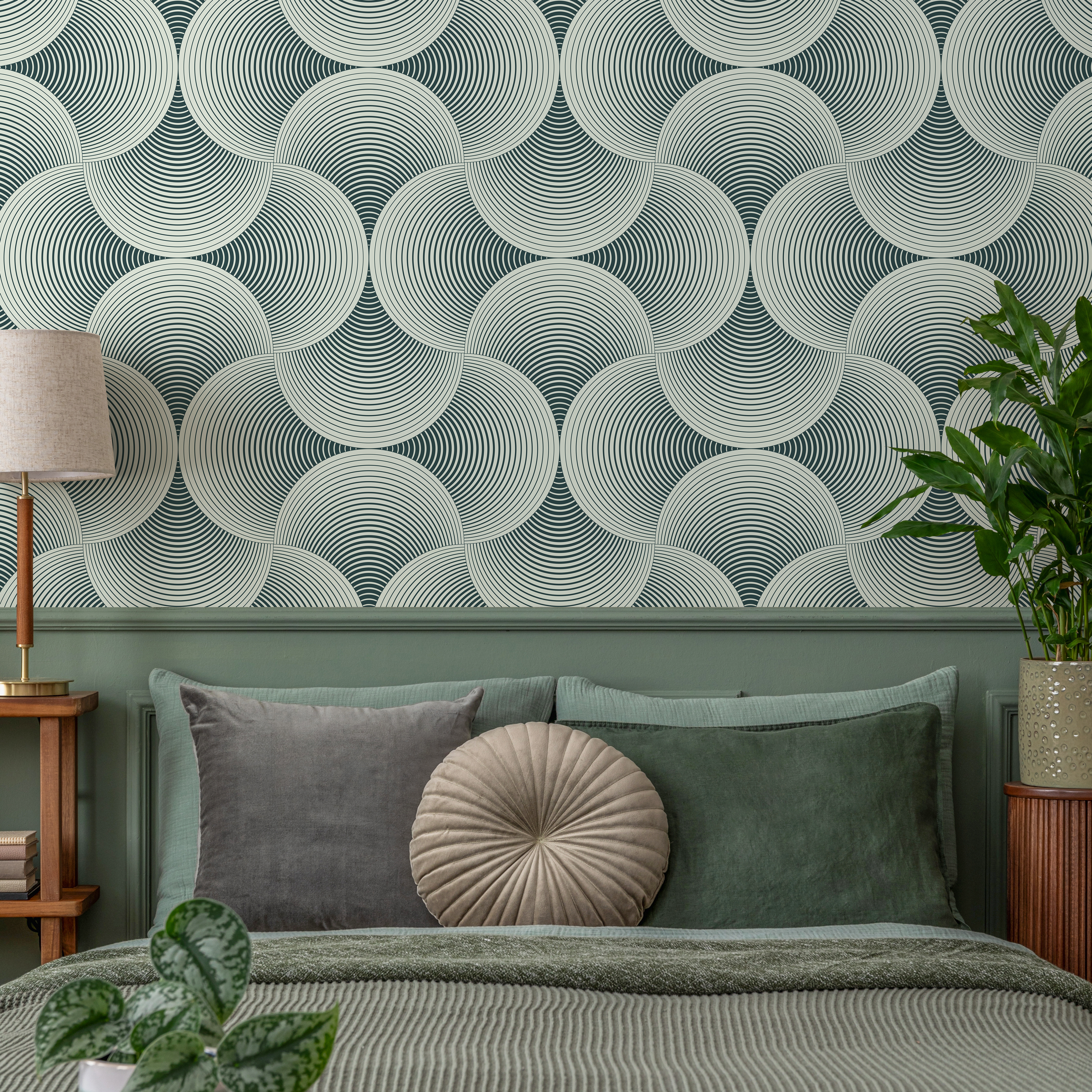Art Deco Wallpaper With A Scalloped Fan Motif In Dark Teal And Cream - B560