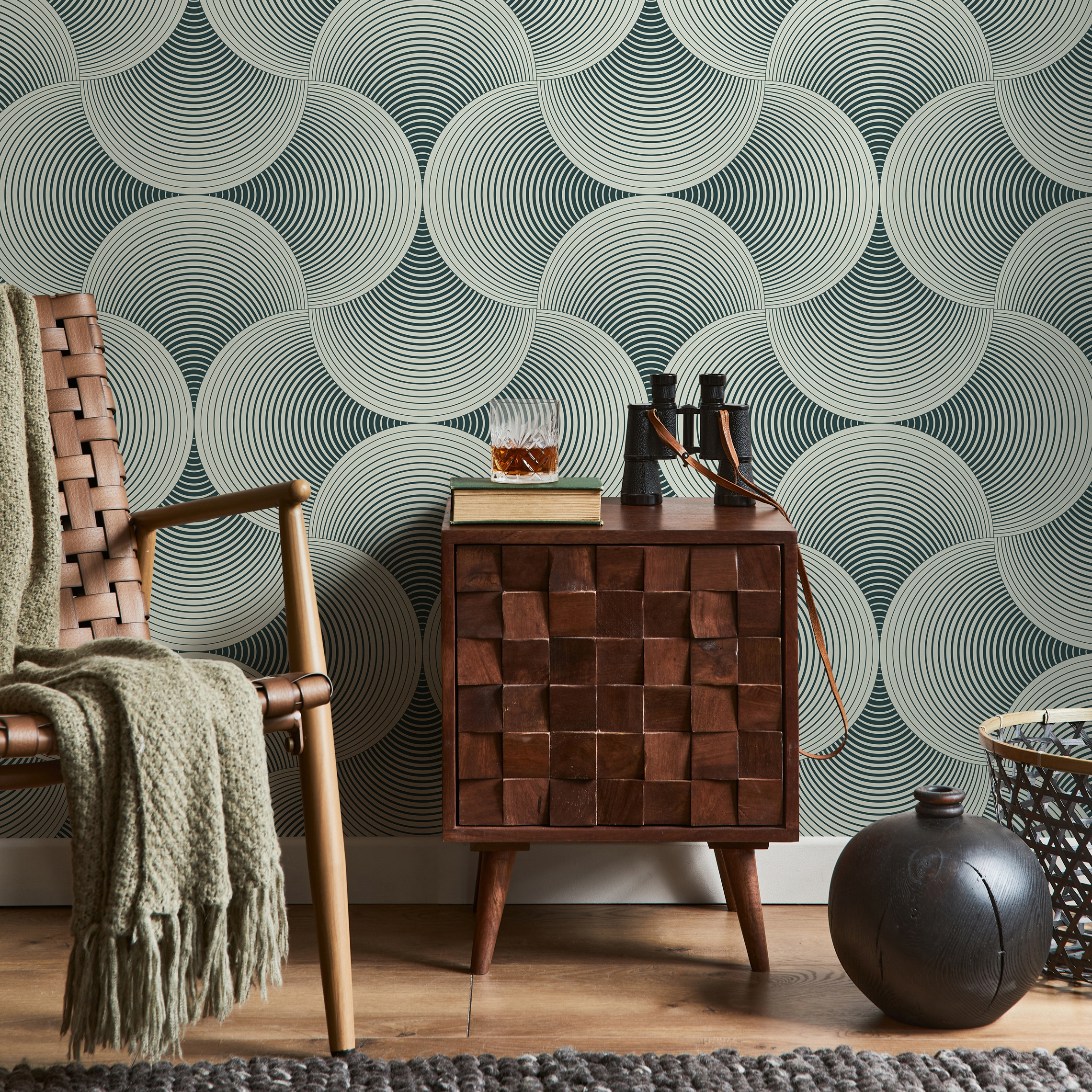 Art Deco Wallpaper With A Scalloped Fan Motif In Dark Teal And Cream - B560