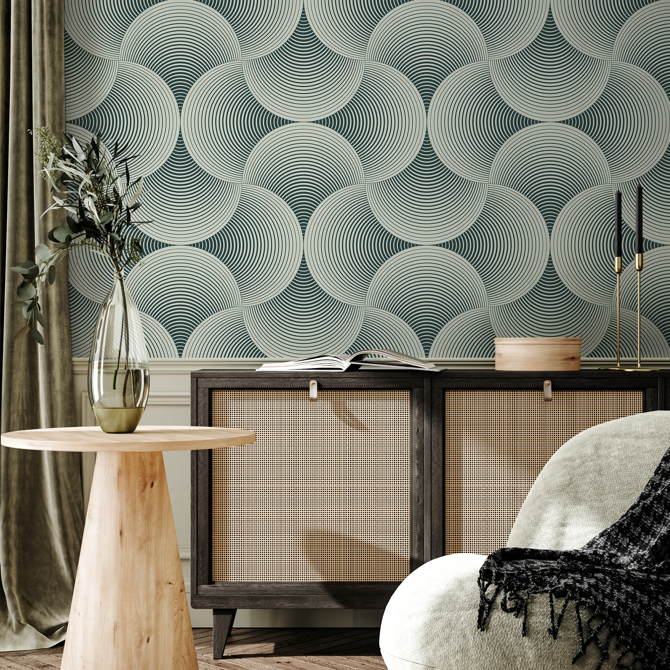Art Deco Wallpaper With A Scalloped Fan Motif In Dark Teal And Cream - B560