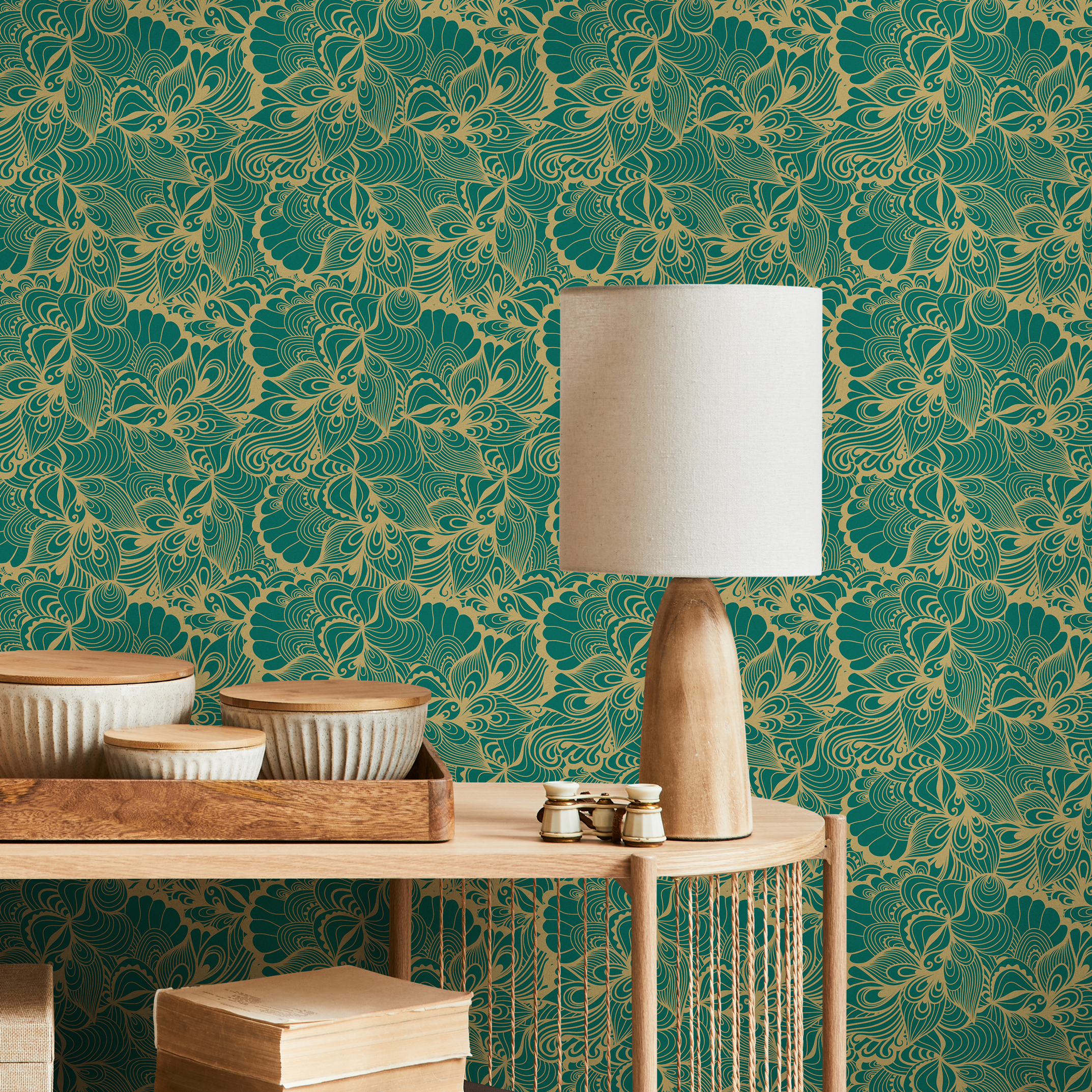 Abstract Wallpaper With Swirling Botanicals In Green And Gold - B561