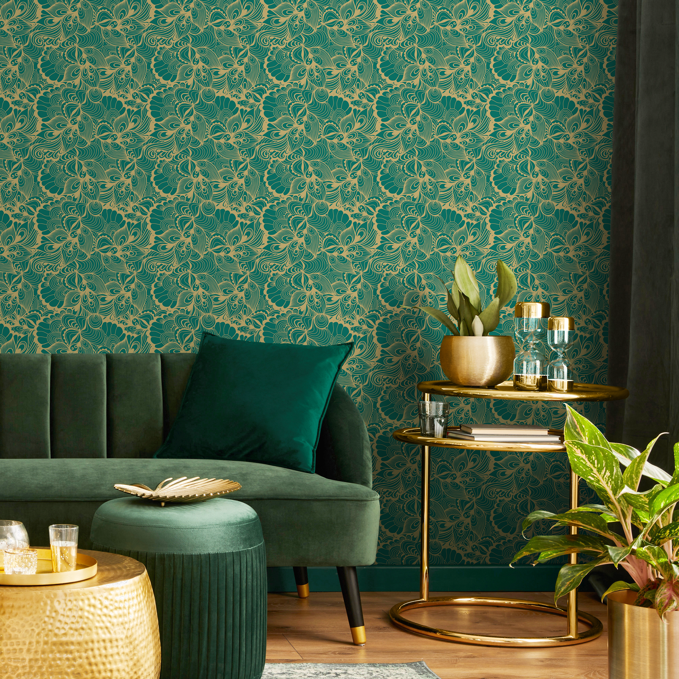 Abstract Wallpaper With Swirling Botanicals In Green And Gold - B561