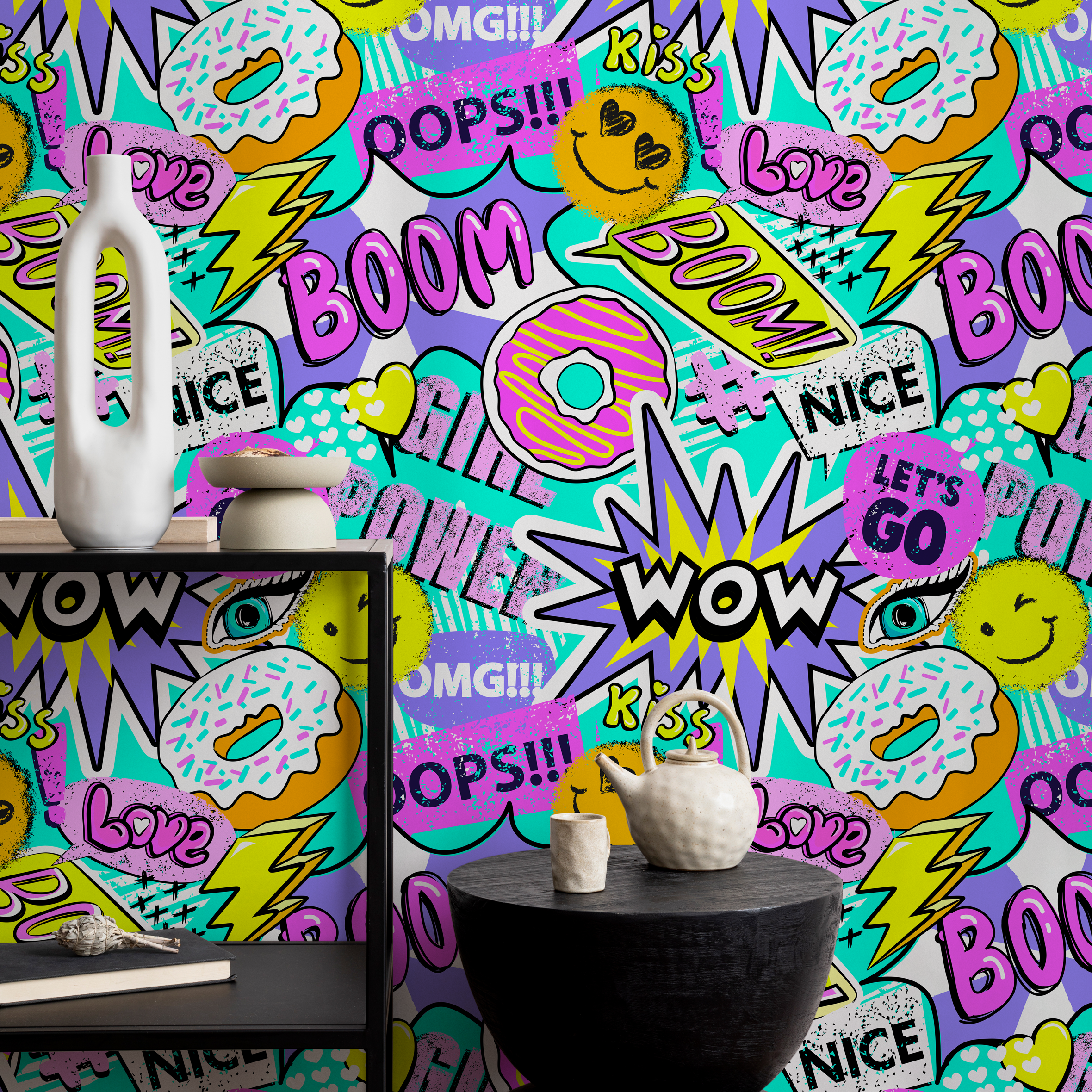 Pop Art Wallpaper With A Comic Sticker Collage In Pink, Yellow, And Purple - B563