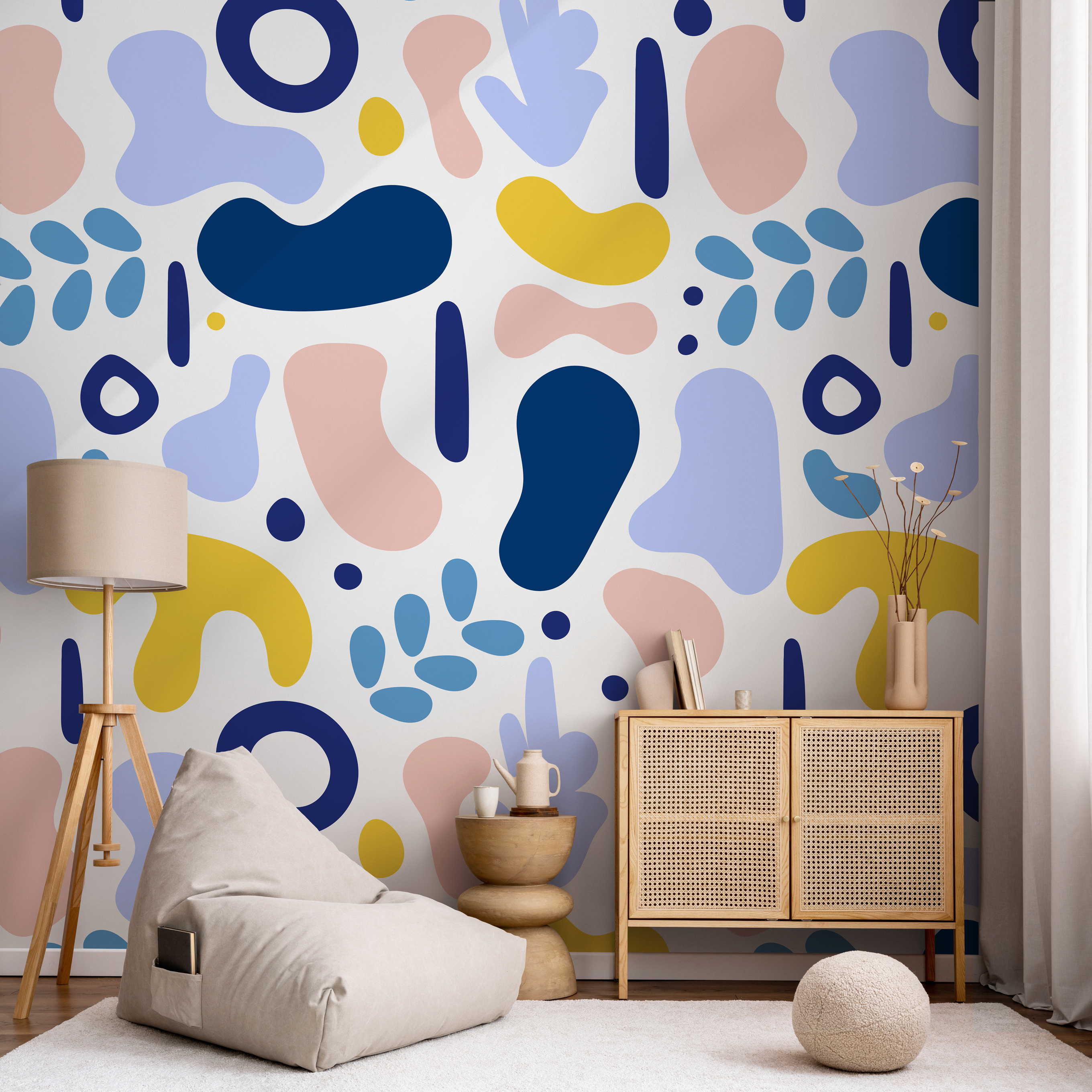 Abstract Wallpaper With Modern Organic Shapes In Blue, Pink, And Yellow - B567