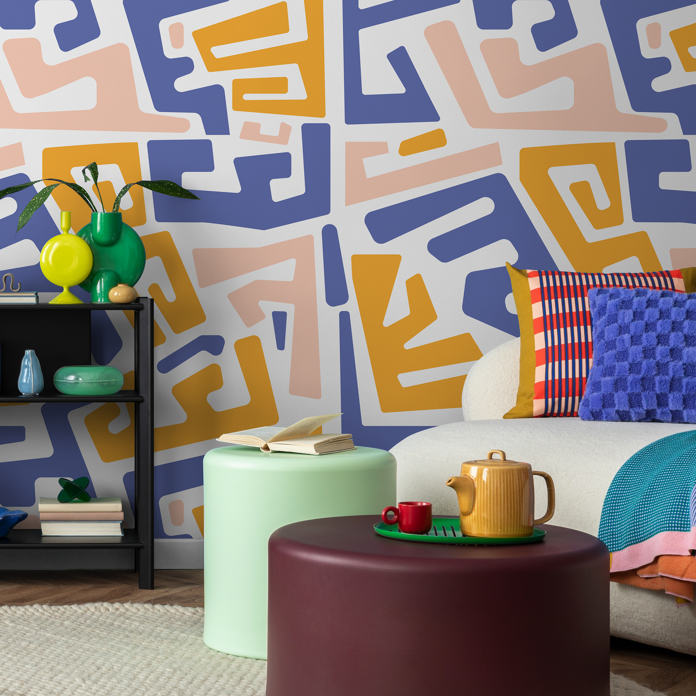 Abstract Wallpaper With A Bold Maze Motif In Yellow, Blue, And Pink - B569