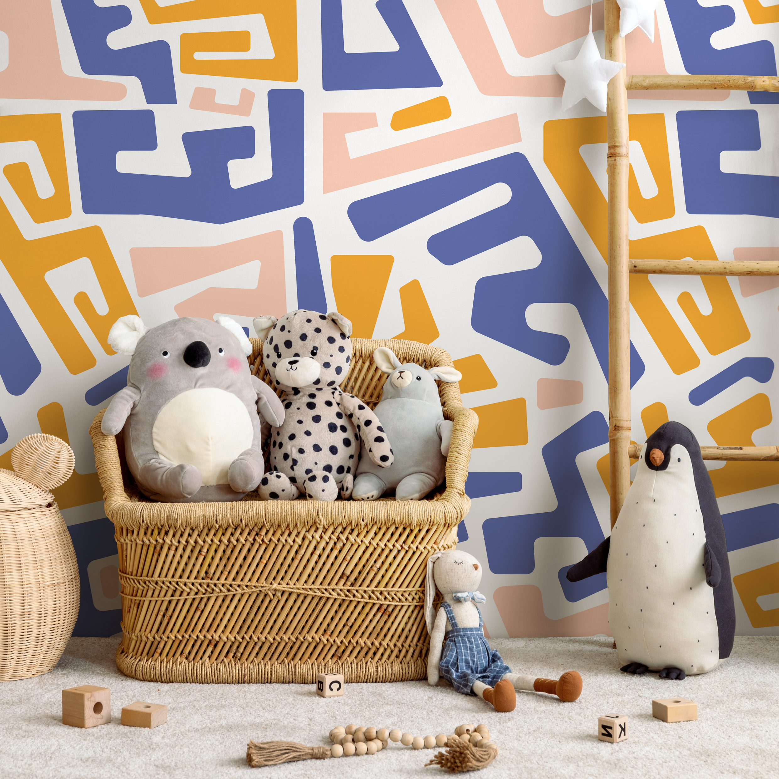 Abstract Wallpaper With A Bold Maze Motif In Yellow, Blue, And Pink - B569