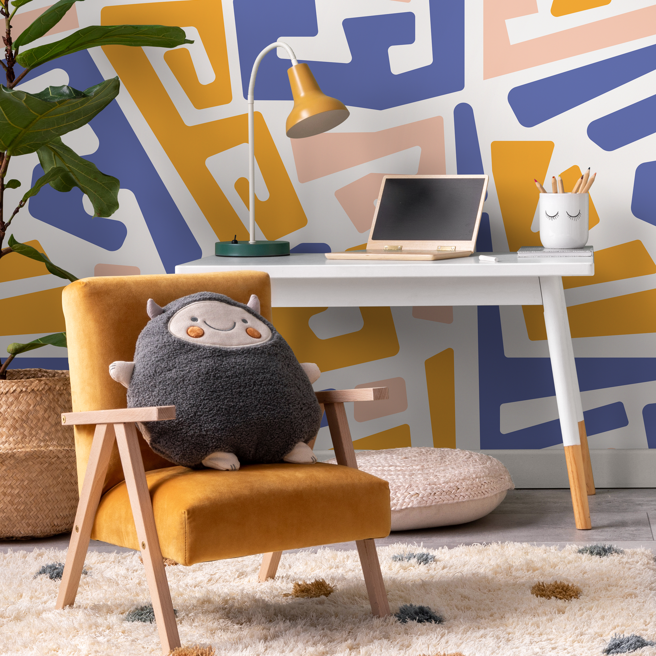 Abstract Wallpaper With A Bold Maze Motif In Yellow, Blue, And Pink - B569