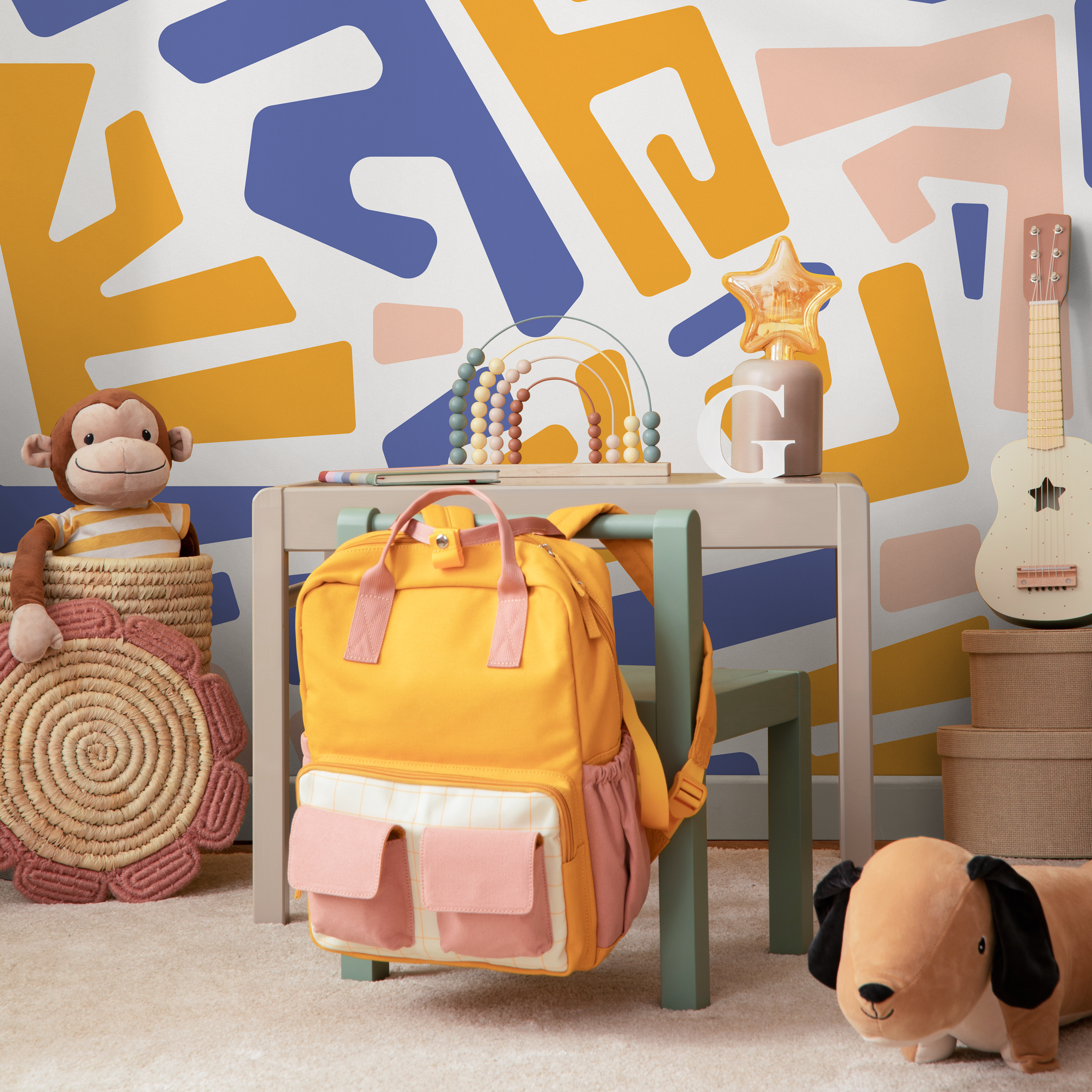 Abstract Wallpaper With A Bold Maze Motif In Yellow, Blue, And Pink - B569