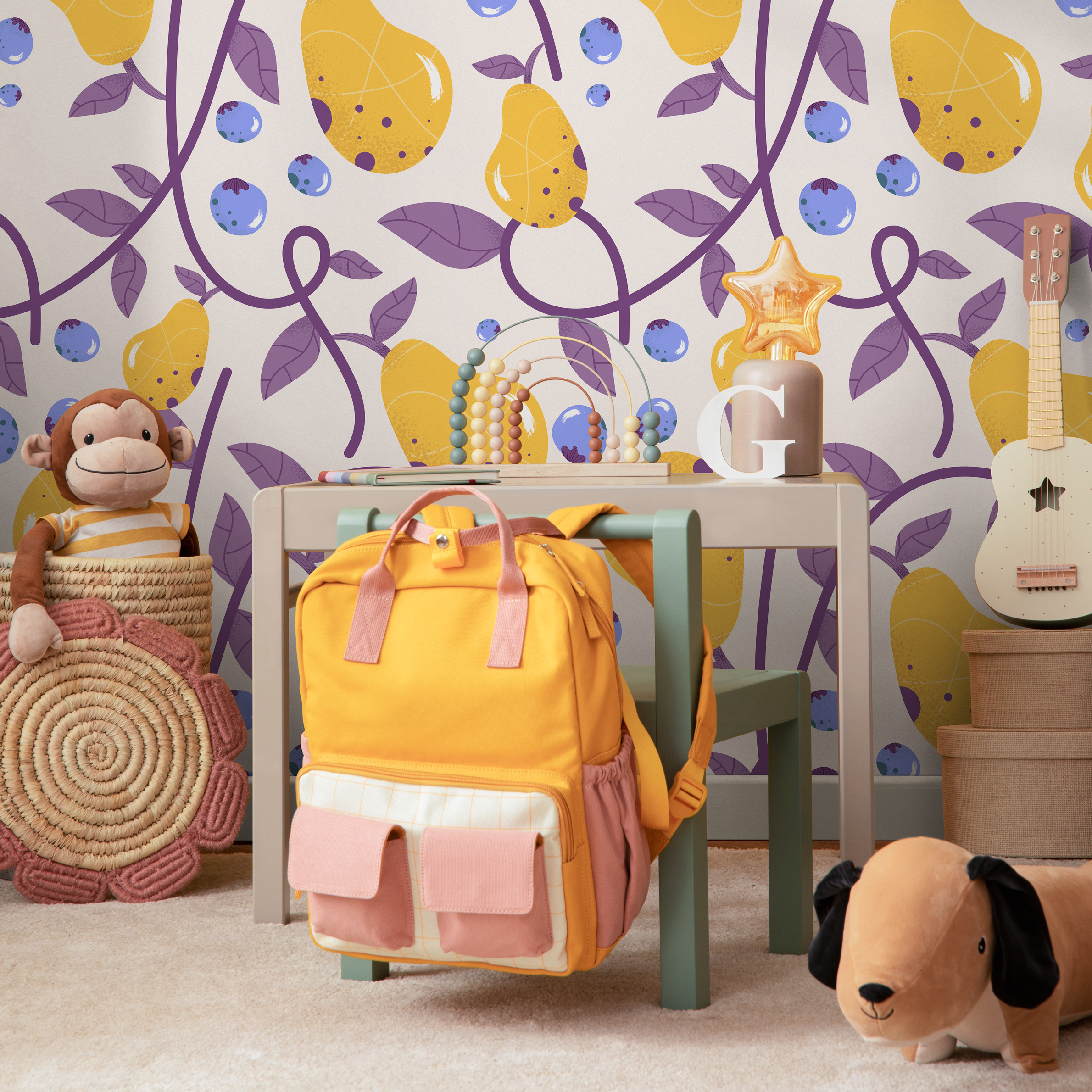 Fruit Wallpaper With Pear And Berry Vines In Yellow, Purple, And Blue - B571