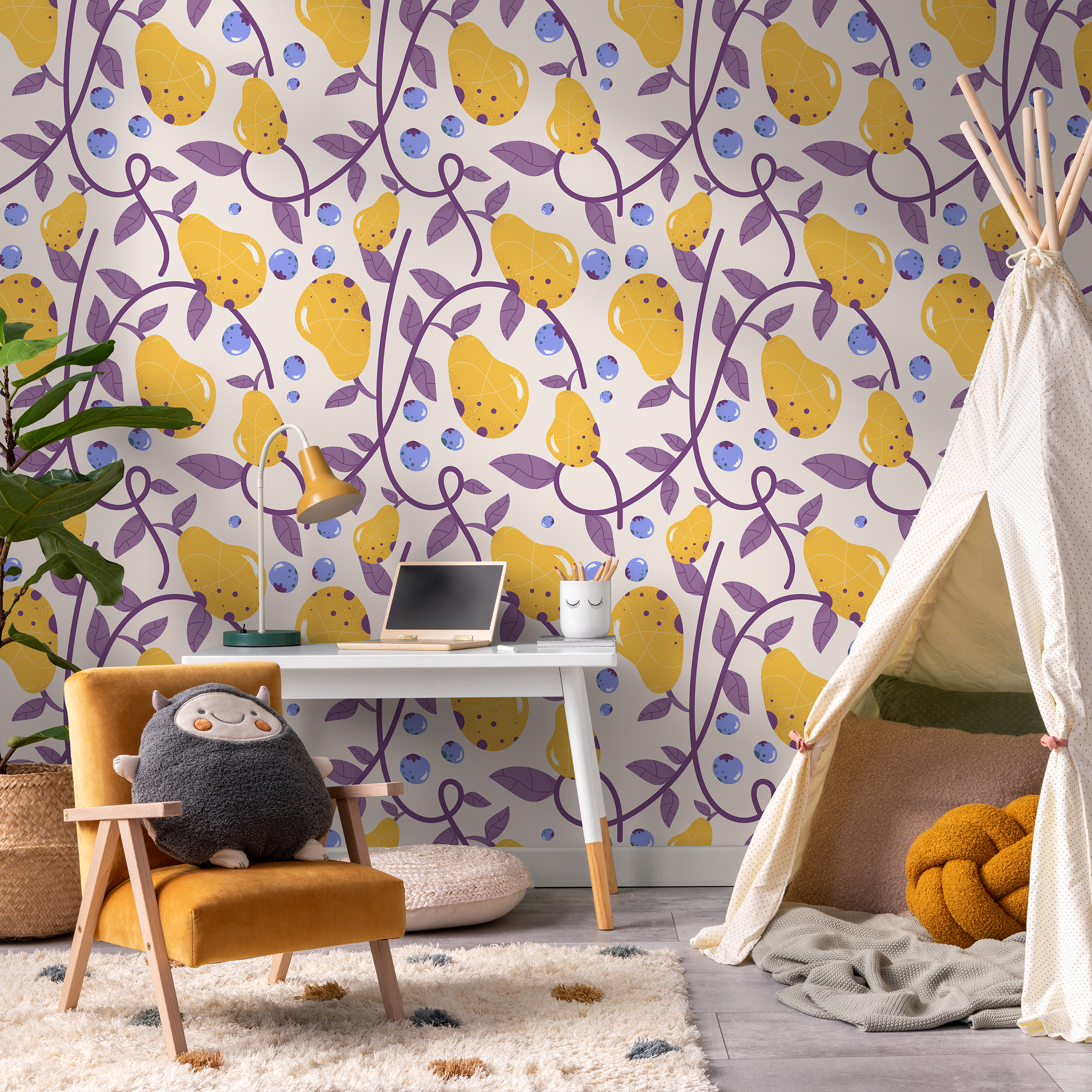 Fruit Wallpaper With Pear And Berry Vines In Yellow, Purple, And Blue - B571