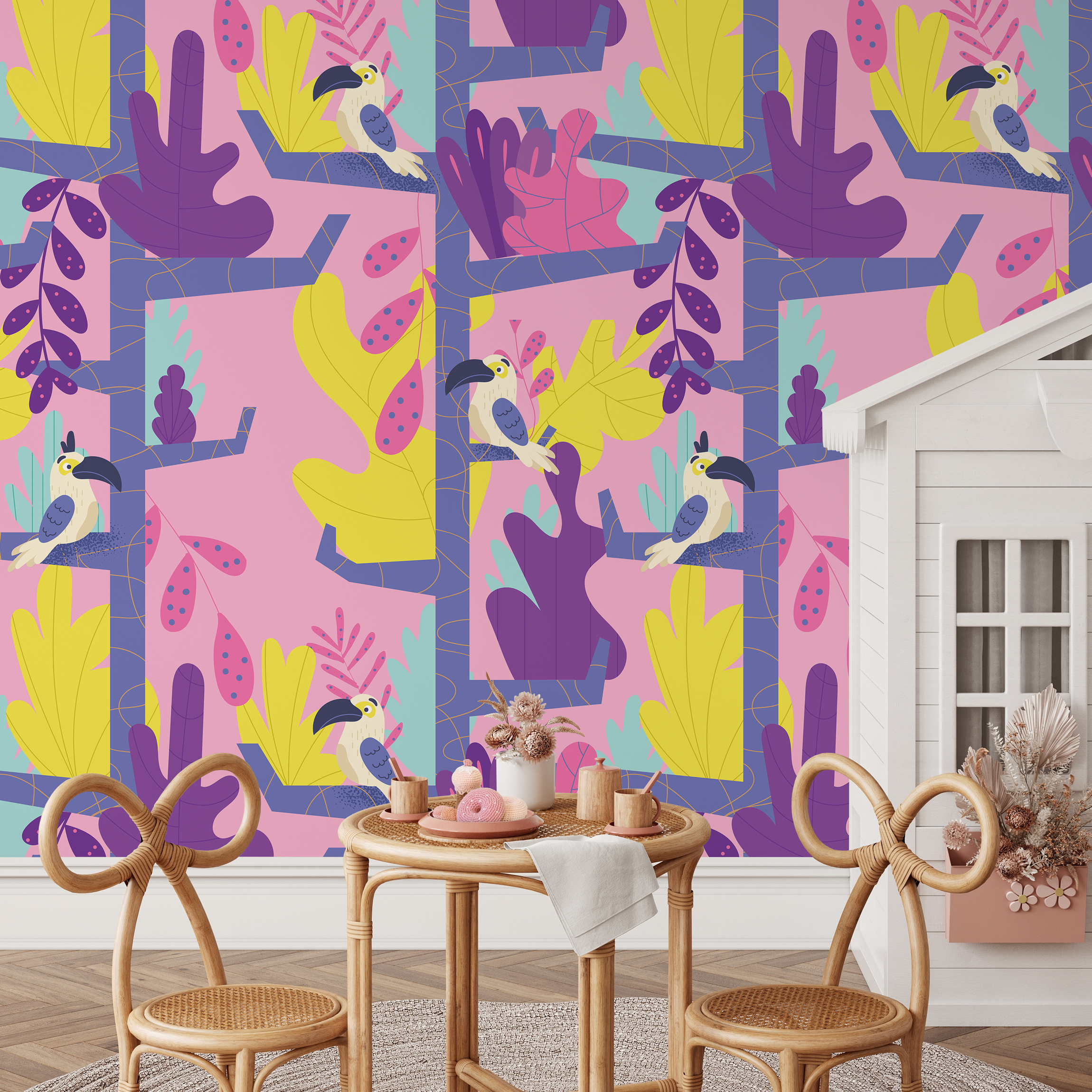 Jungle Wallpaper With Stylized Toucans In Pink, Purple, And Yellow - B575