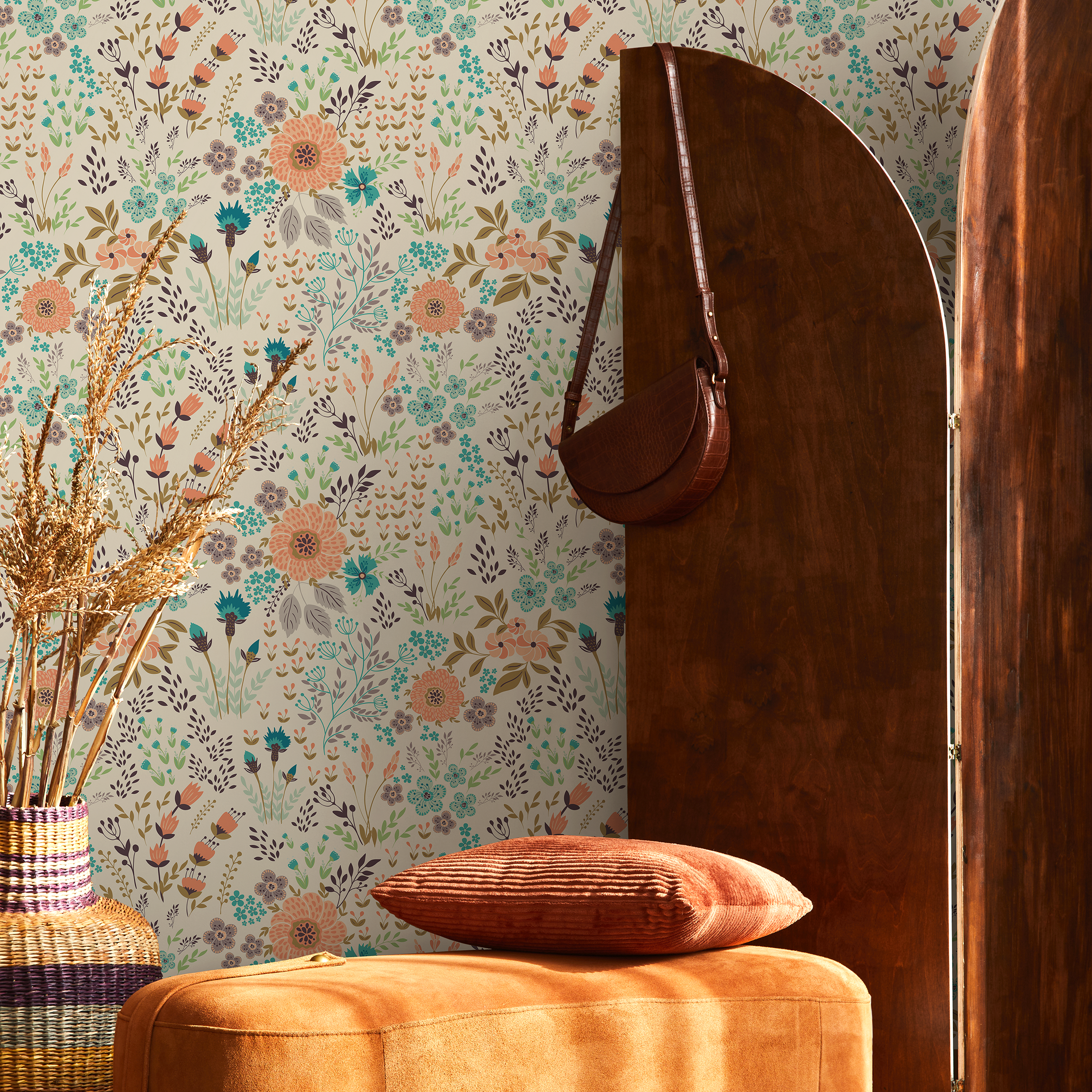 Floral Wallpaper With A Whimsical Meadow Motif In Coral, Teal, And Purple - B580