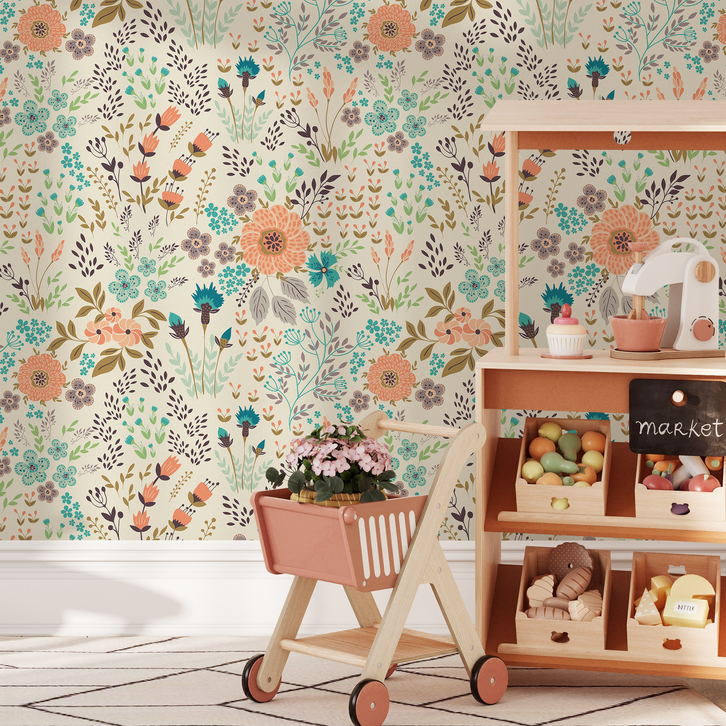Floral Wallpaper With A Whimsical Meadow Motif In Coral, Teal, And Purple - B580