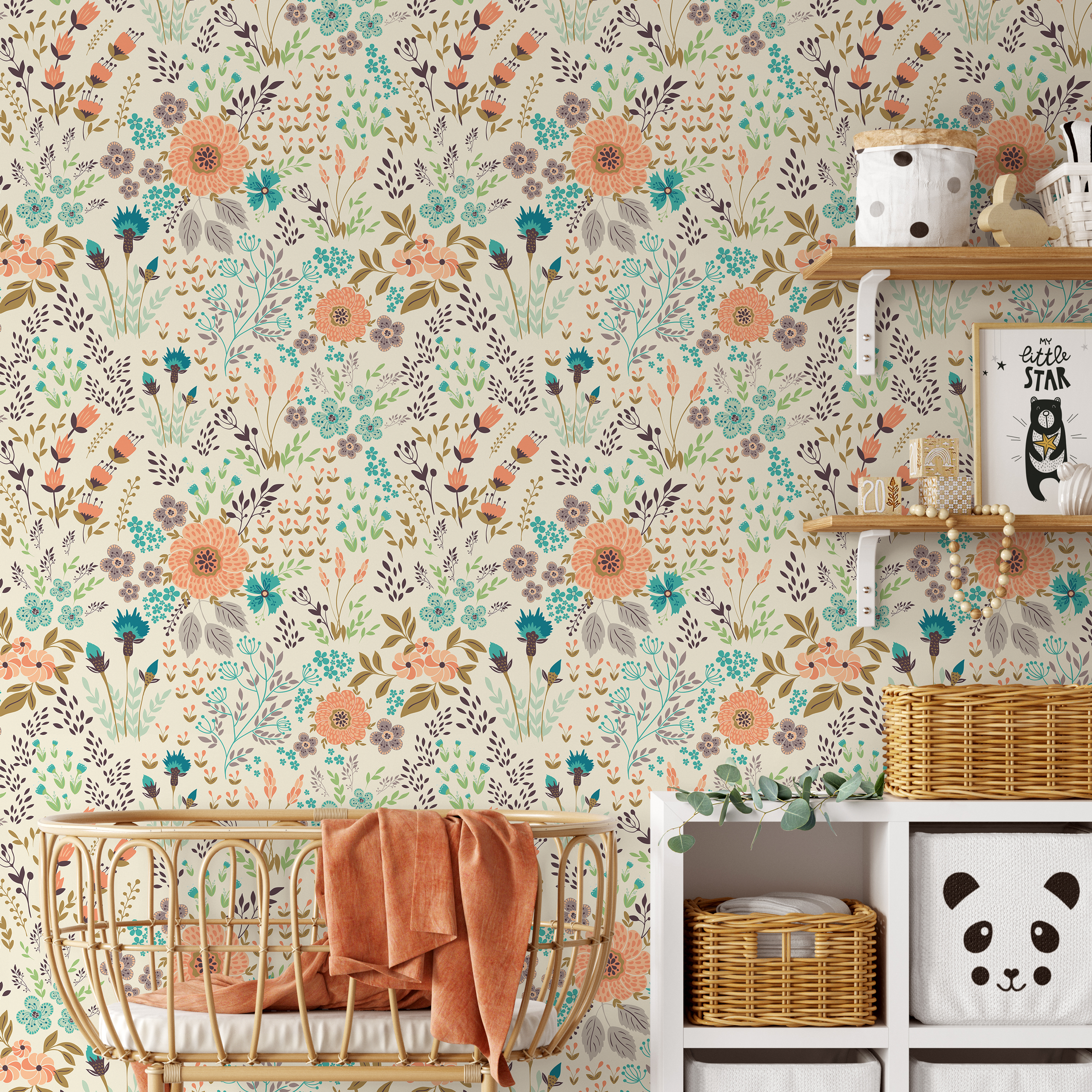 Floral Wallpaper With A Whimsical Meadow Motif In Coral, Teal, And Purple - B580