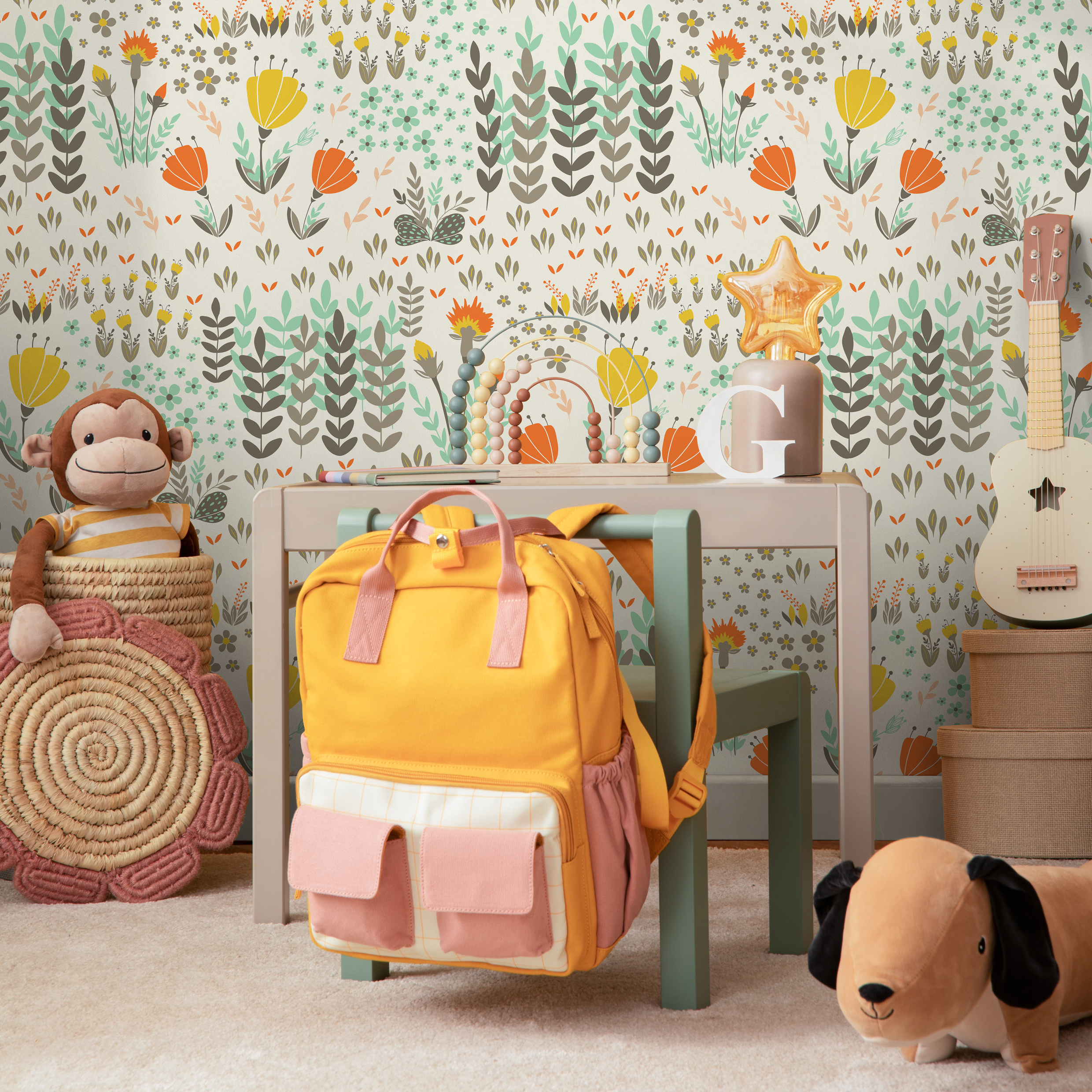 Floral Wallpaper With A Stylized Meadow In Orange, Yellow, And Green - B581