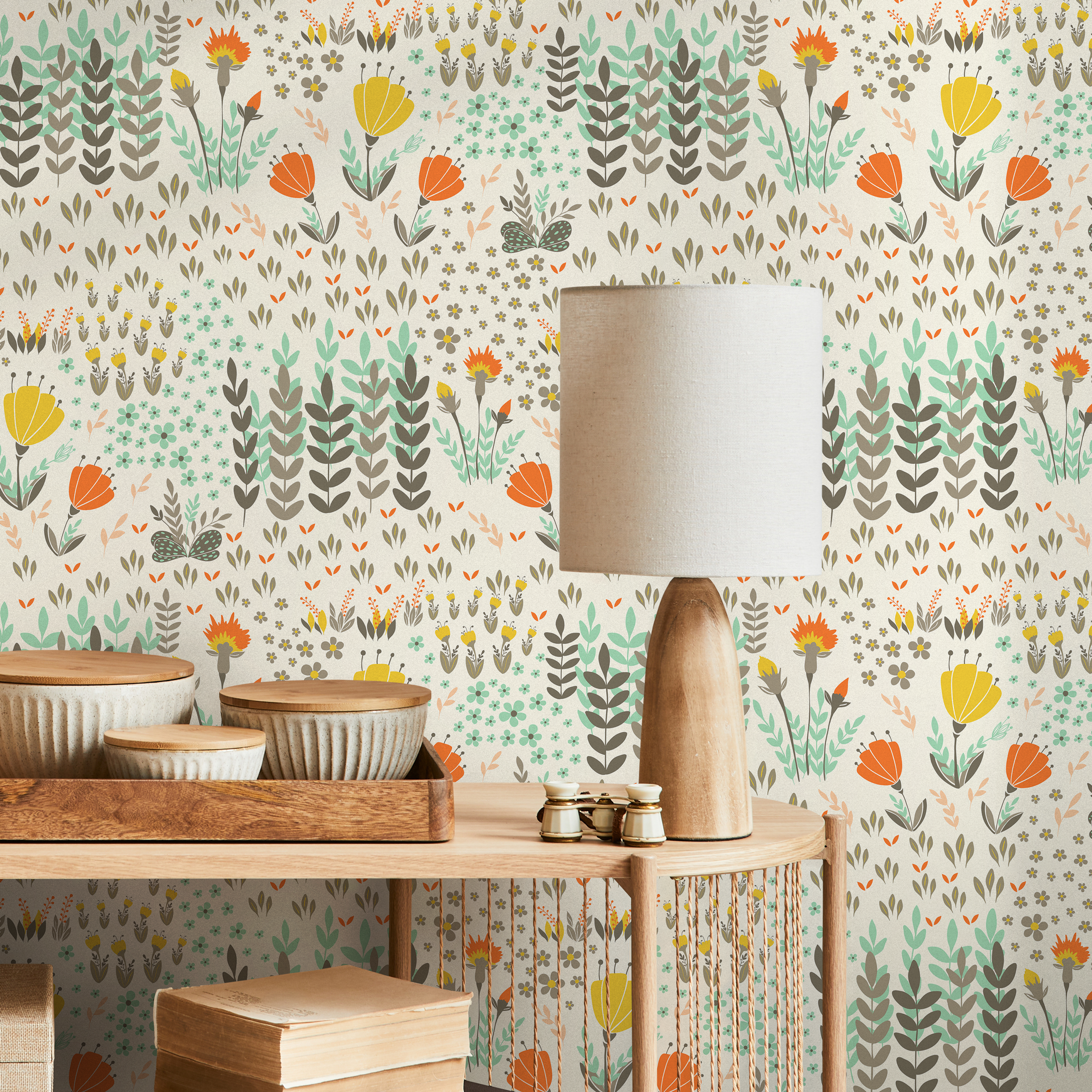 Floral Wallpaper With A Stylized Meadow In Orange, Yellow, And Green - B581
