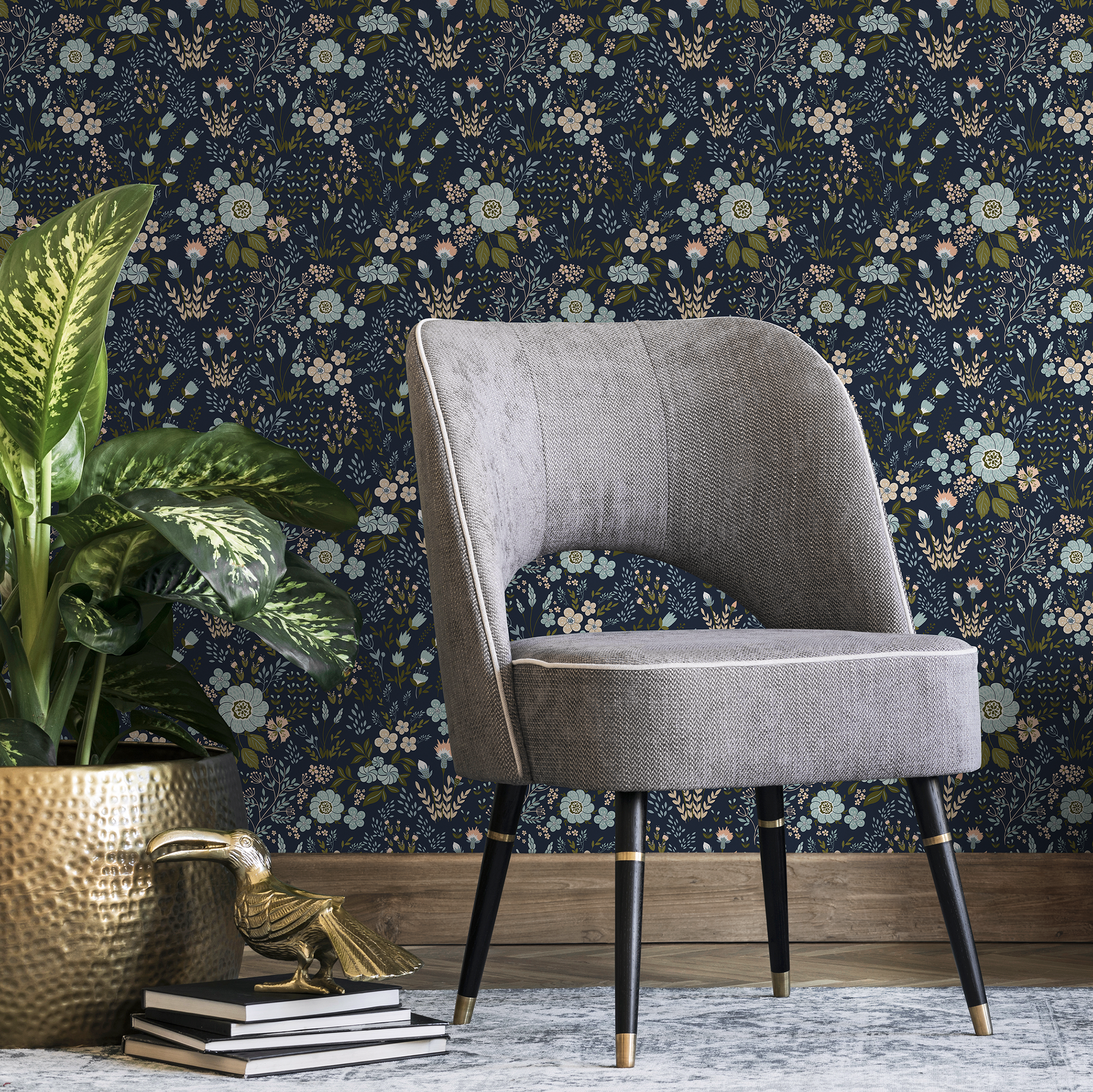 Botanical Wallpaper With A Folk Art Floral Motif In Navy, Blue, And Pink - B582
