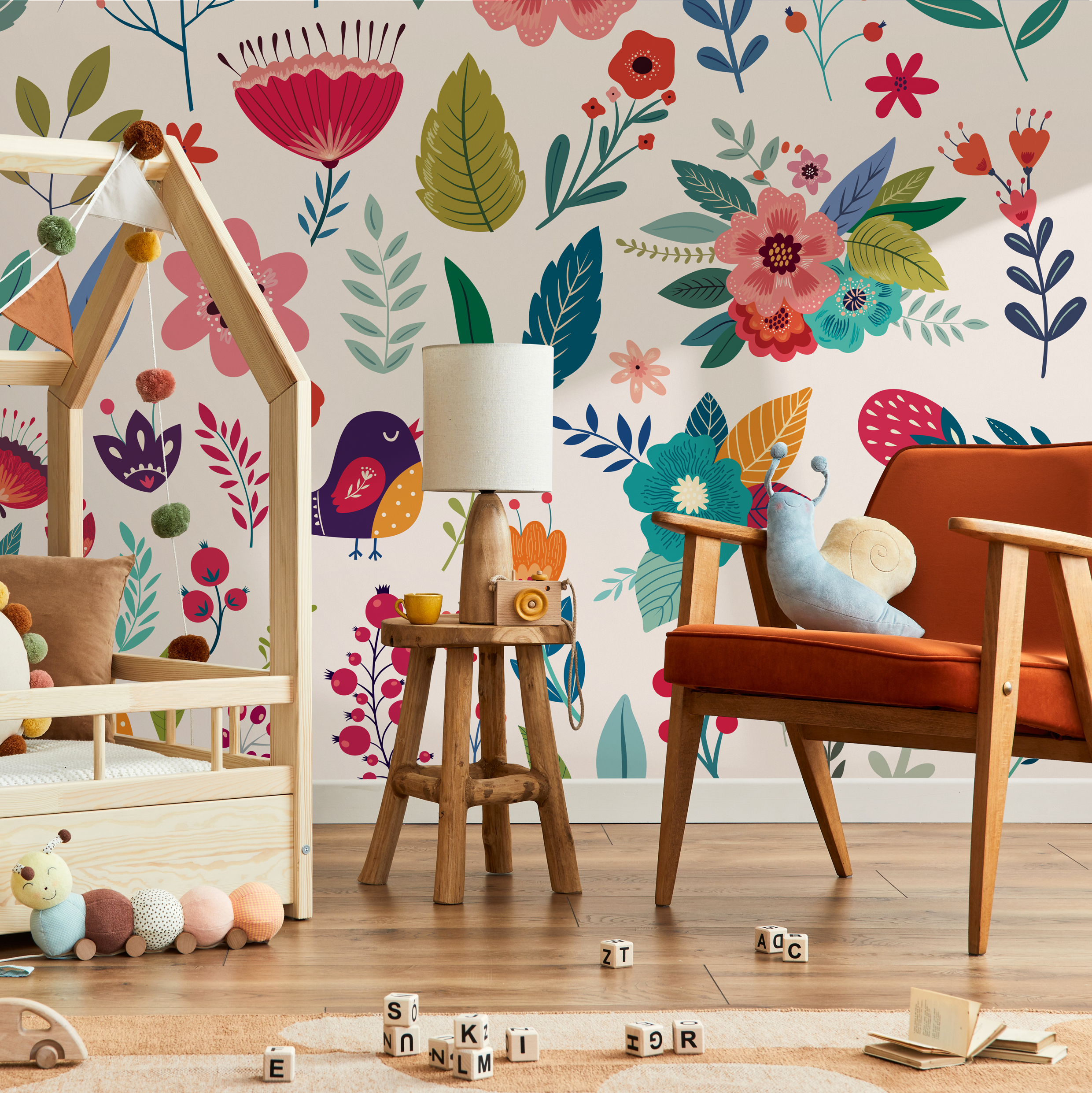 Floral Wallpaper With Folk Art Birds And Blooms In Pink, Blue, And Green - B585