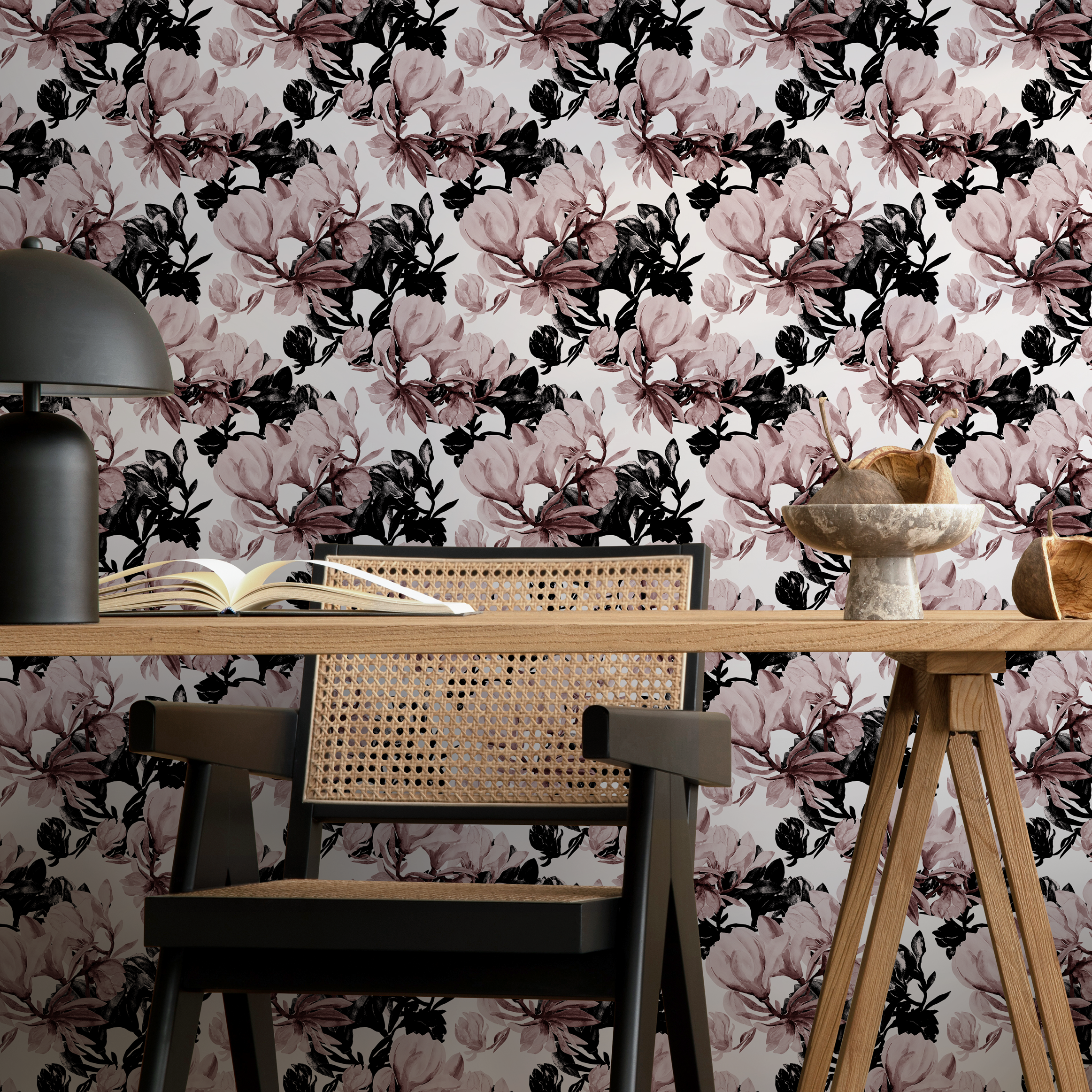 Floral Wallpaper With Dramatic Painterly Blooms In Pink, Black, And Maroon - B591