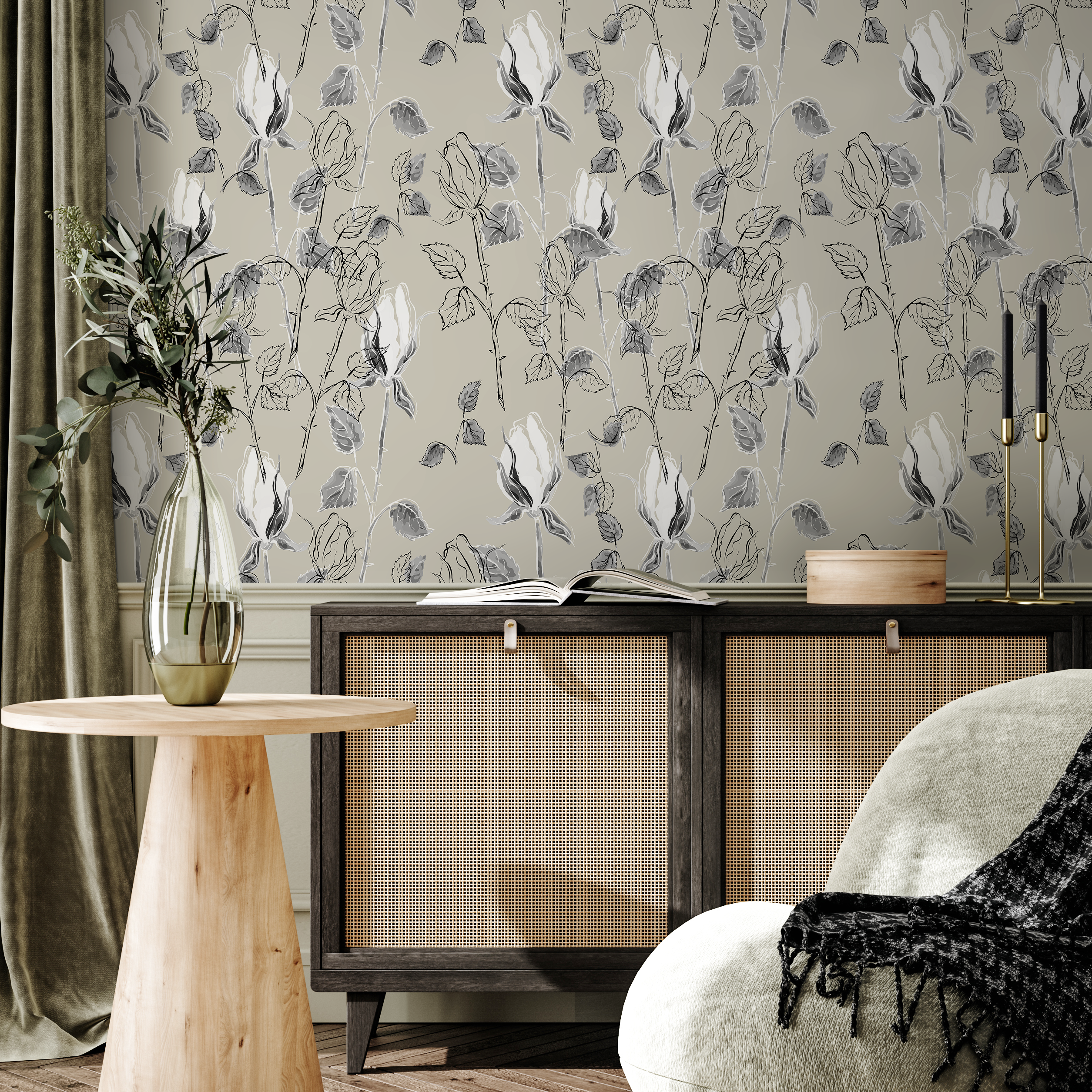Floral Wallpaper With A Sketch Style Rose Motif In Beige And Black - B593