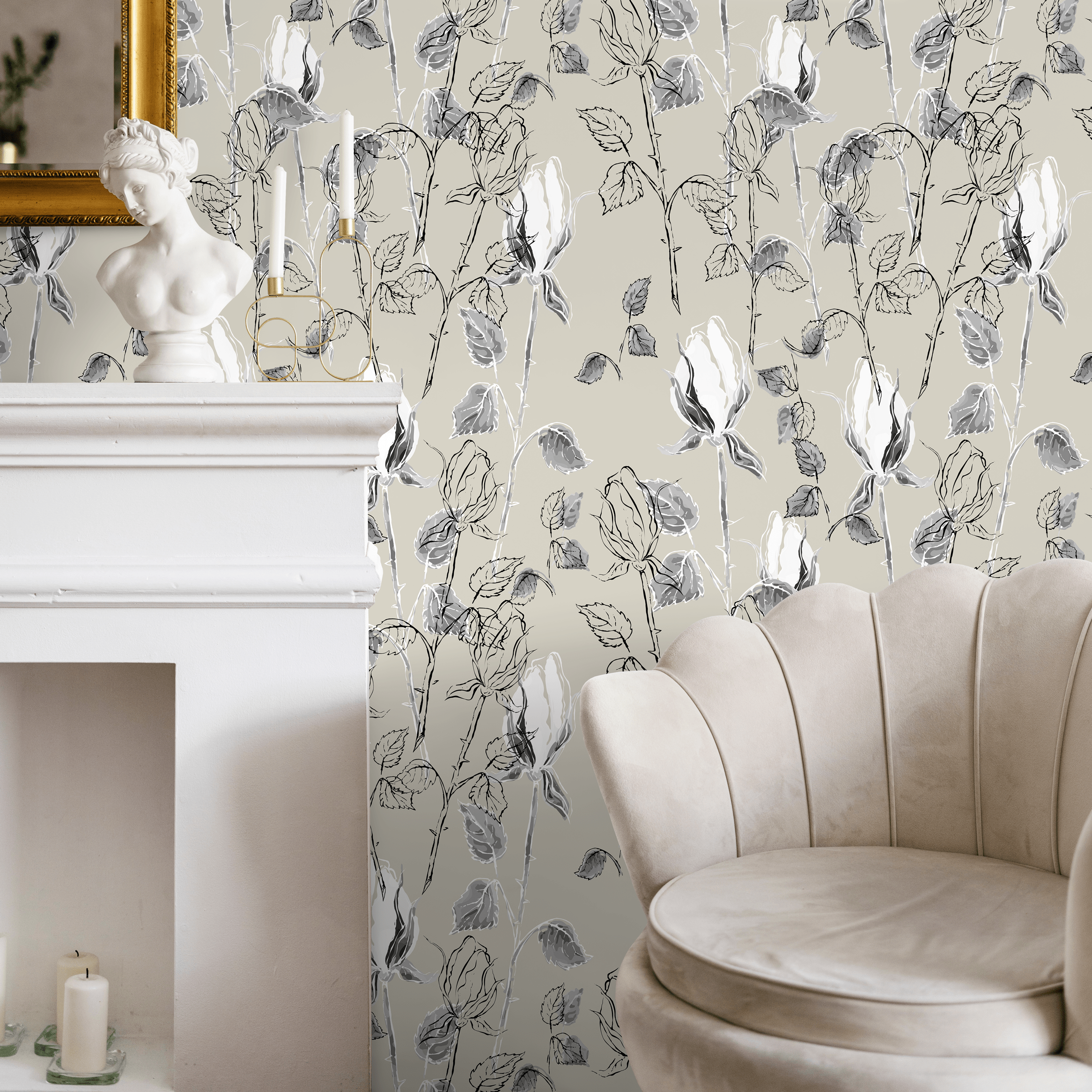 Floral Wallpaper With A Sketch Style Rose Motif In Beige And Black - B593