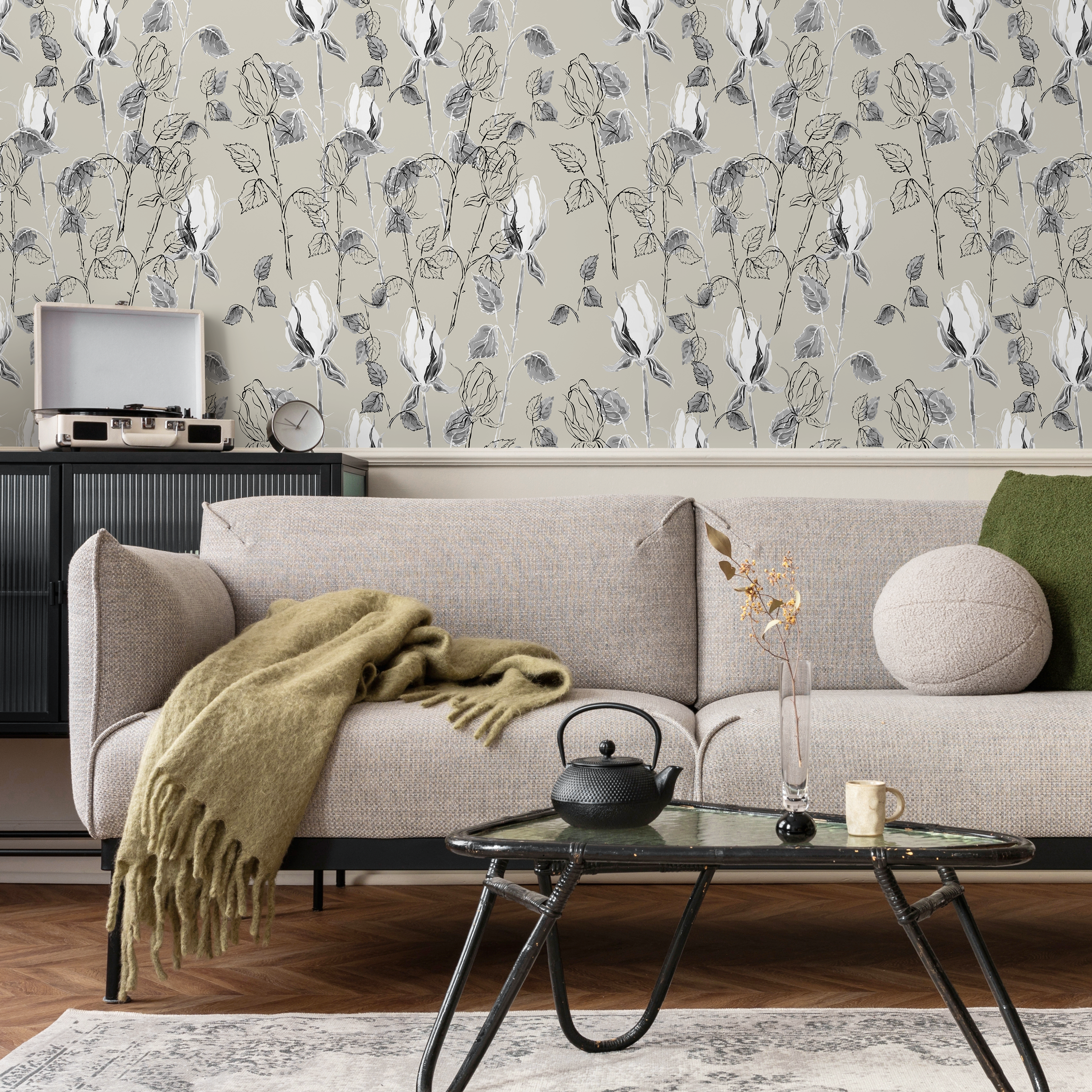Floral Wallpaper With A Sketch Style Rose Motif In Beige And Black - B593