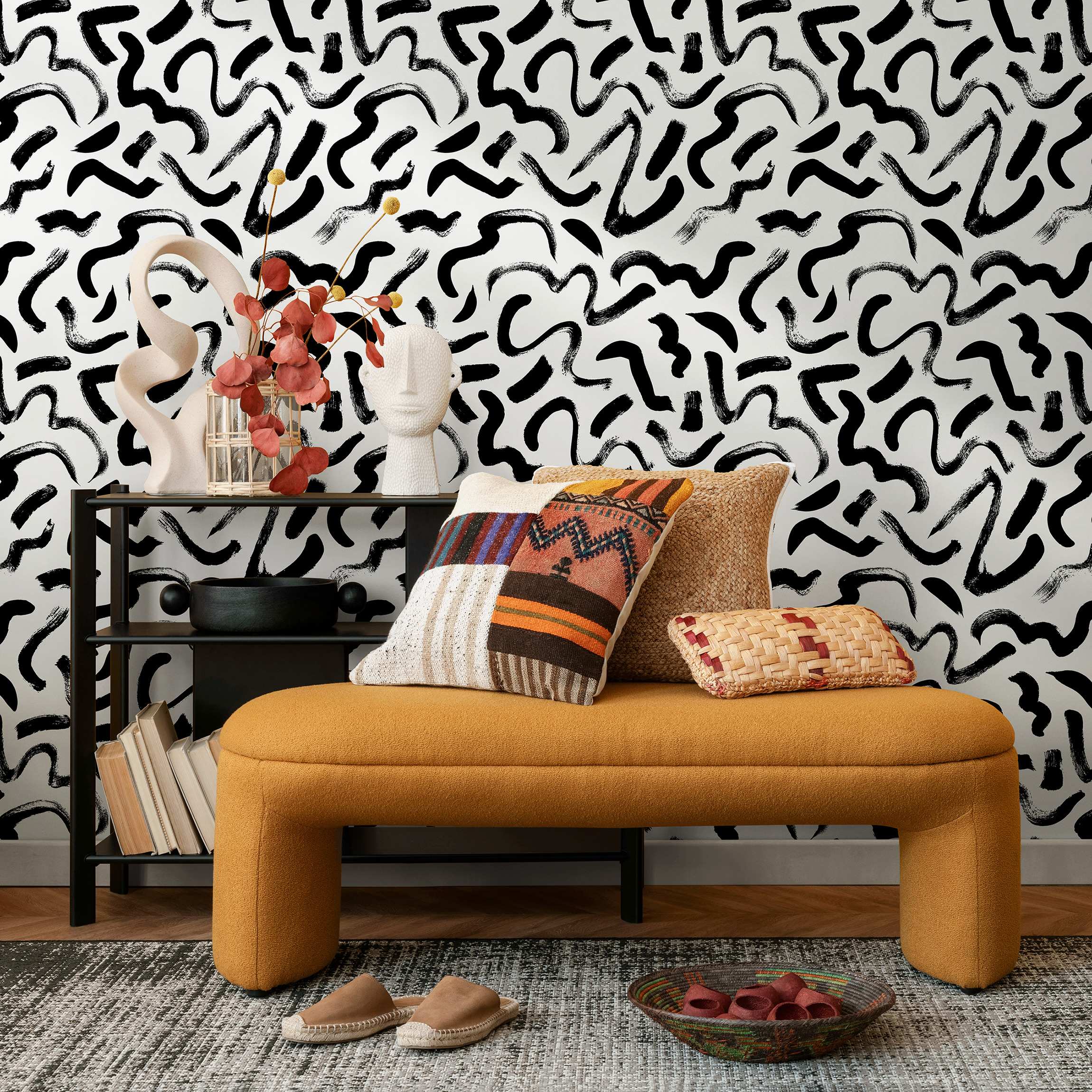 Abstract Wallpaper With A Bold Brushstroke Motif In Black And White - B594