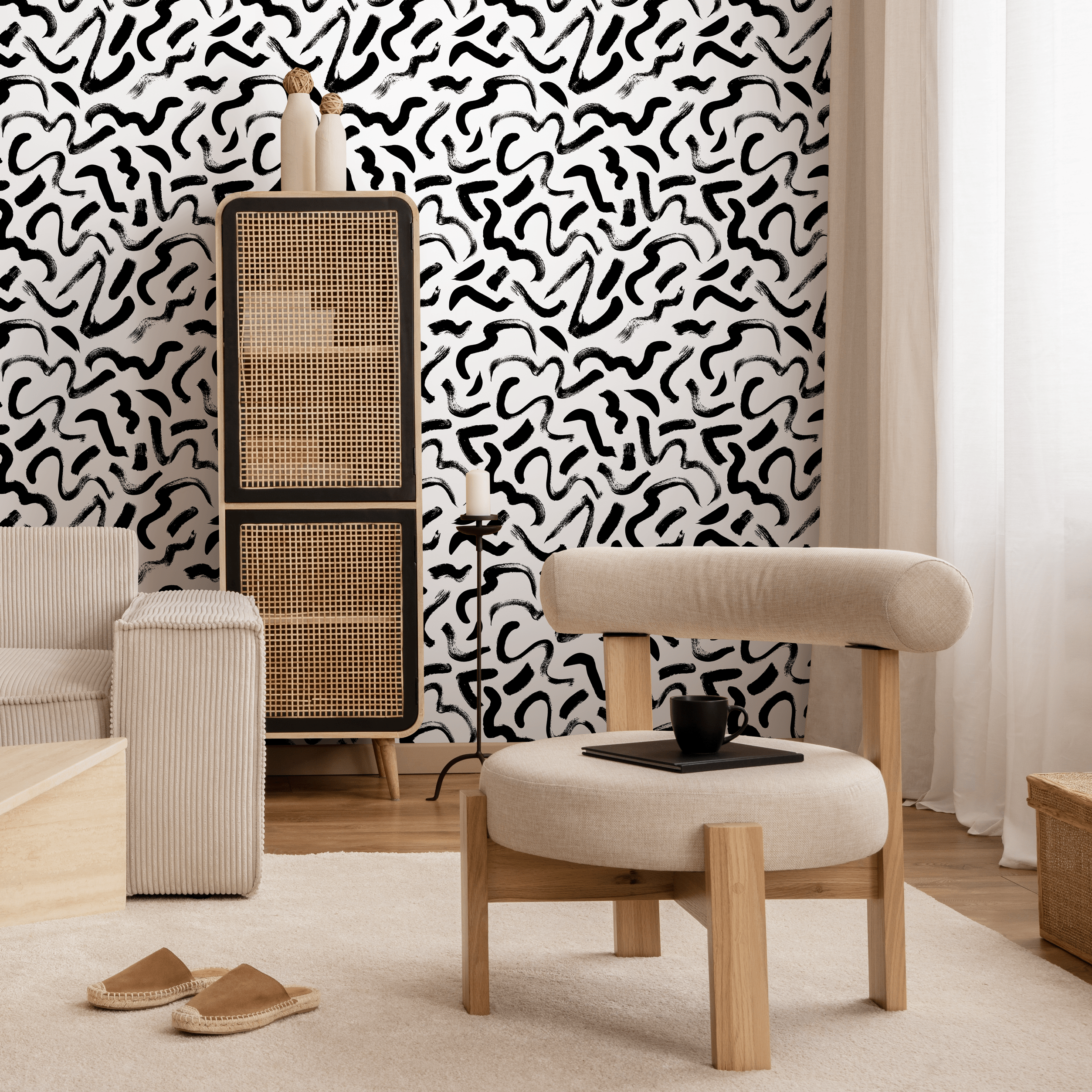 Abstract Wallpaper With A Bold Brushstroke Motif In Black And White - B594