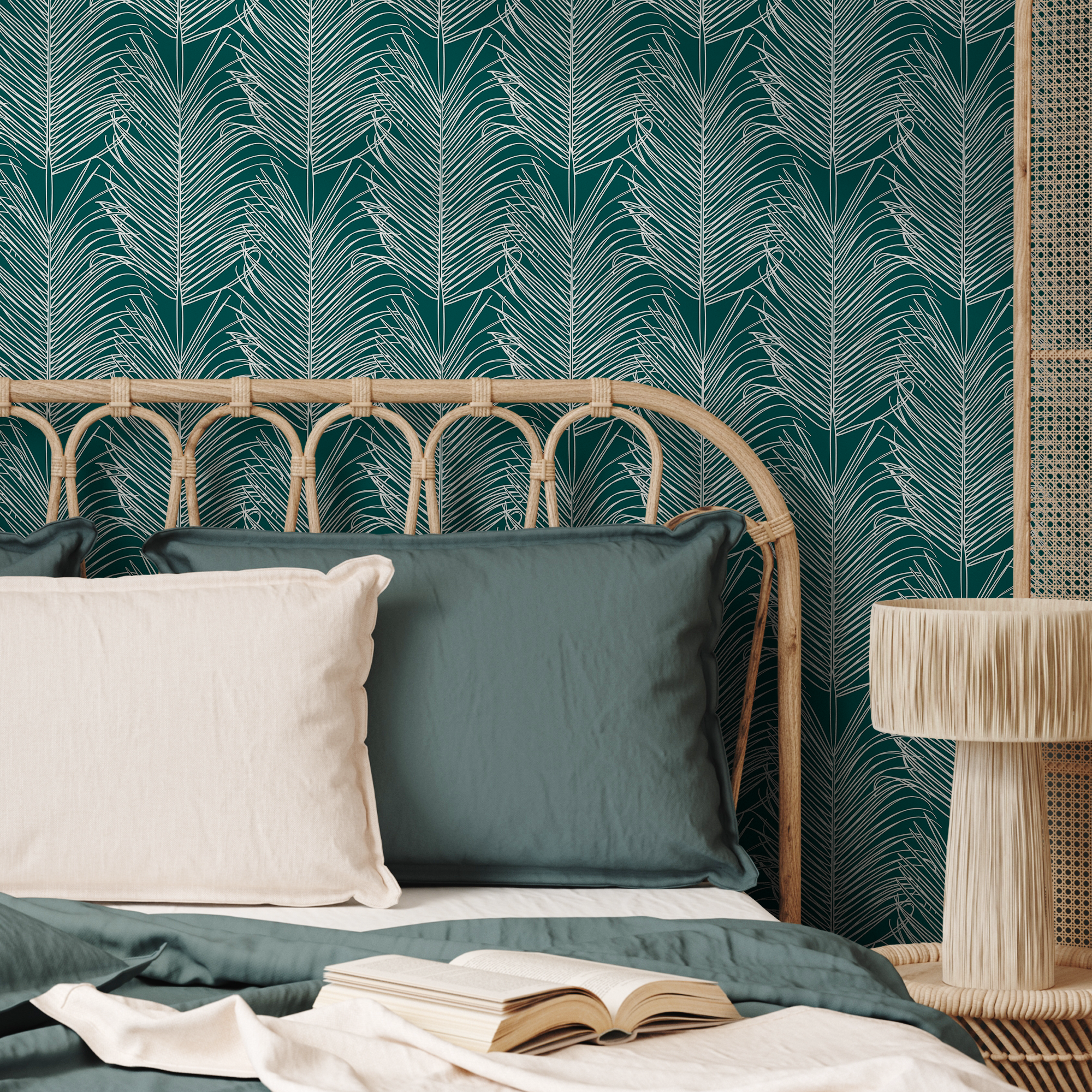 Botanical Wallpaper With Stylized Palm Fronds In Teal And White - B595