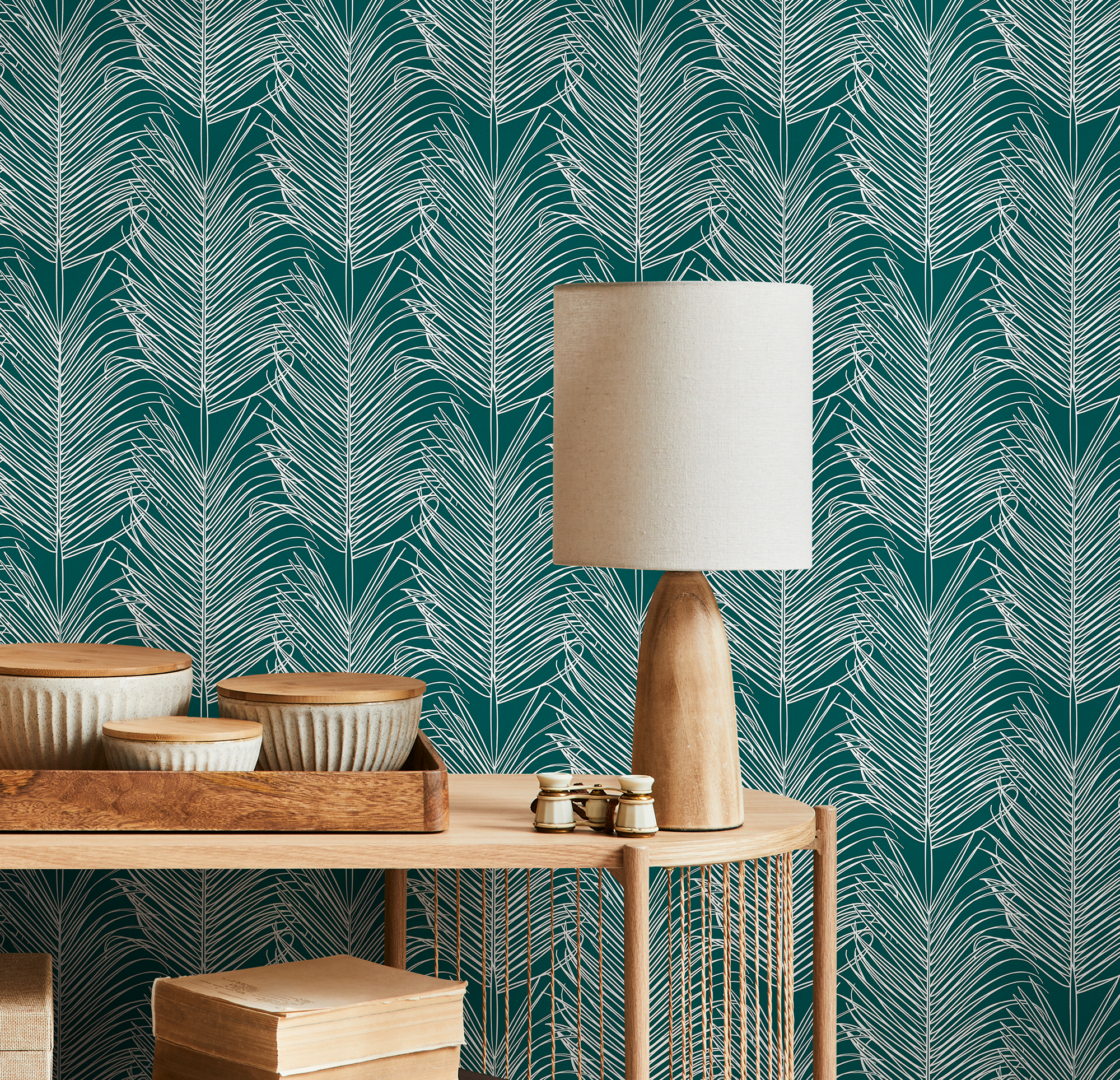 Botanical Wallpaper With Stylized Palm Fronds In Teal And White - B595