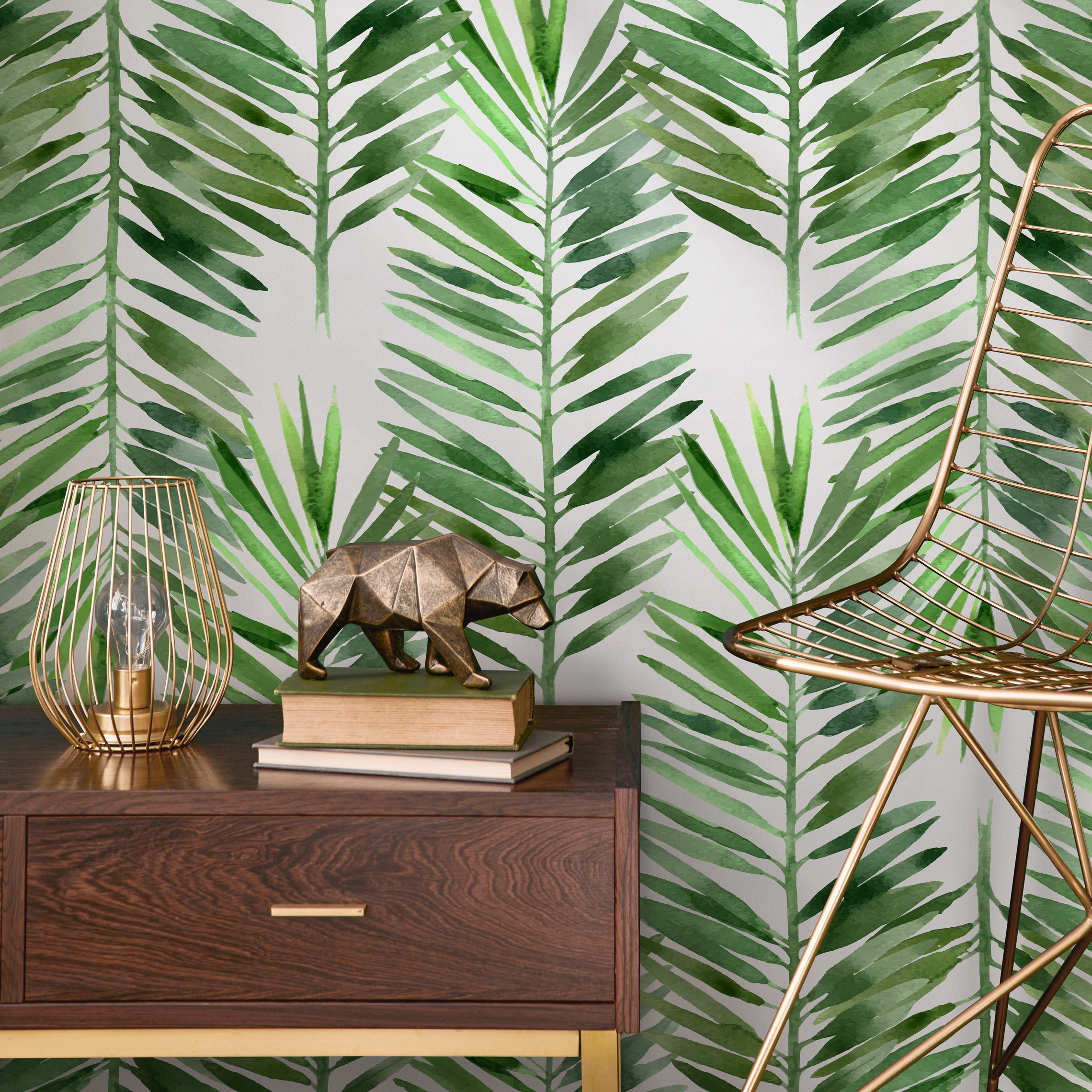 Botanical Wallpaper With Watercolor Palm Fronds In Green - B597