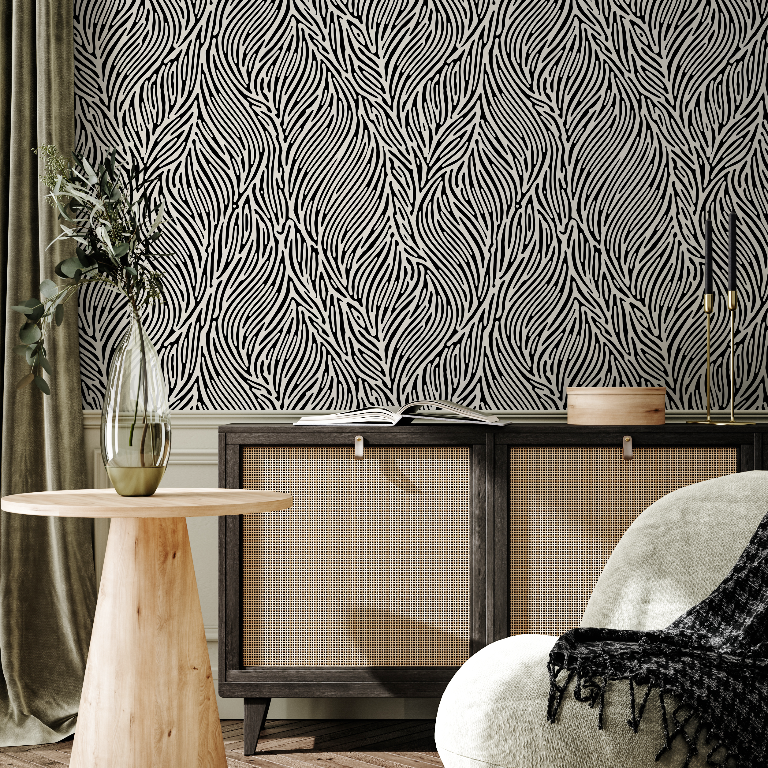 Abstract Wallpaper Featuring Flowing Organic Stripes In Black And Off-white - B599
