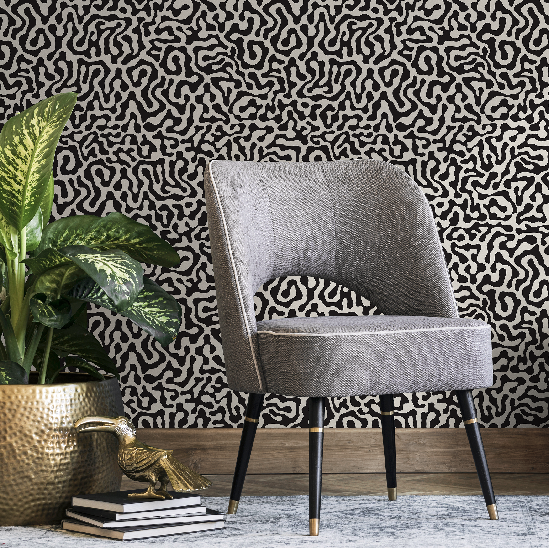 Abstract Wallpaper With Winding Organic Lines In Black And White - B601