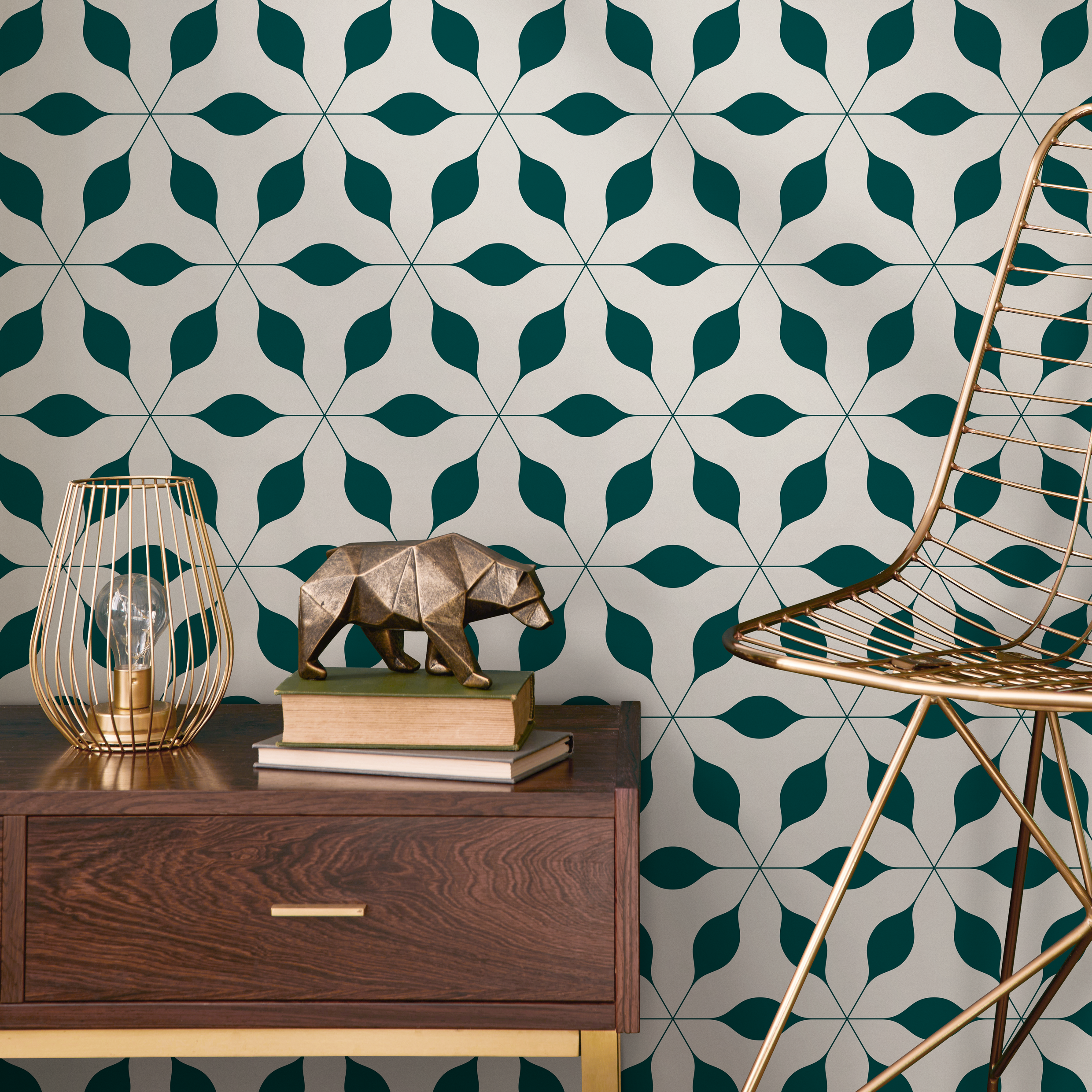Geometric Wallpaper Featuring A Starburst Leaf Motif In Teal And Beige - B602