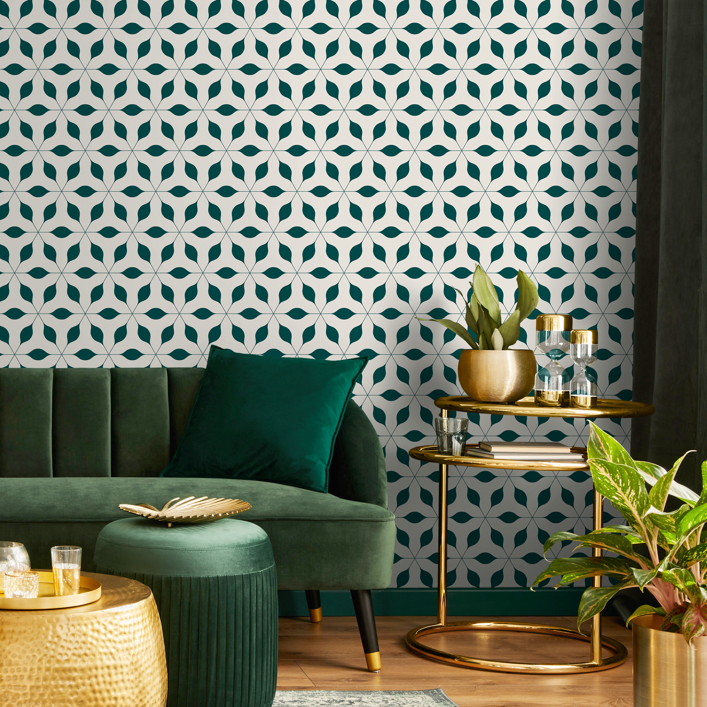 Geometric Wallpaper Featuring A Starburst Leaf Motif In Teal And Beige - B602