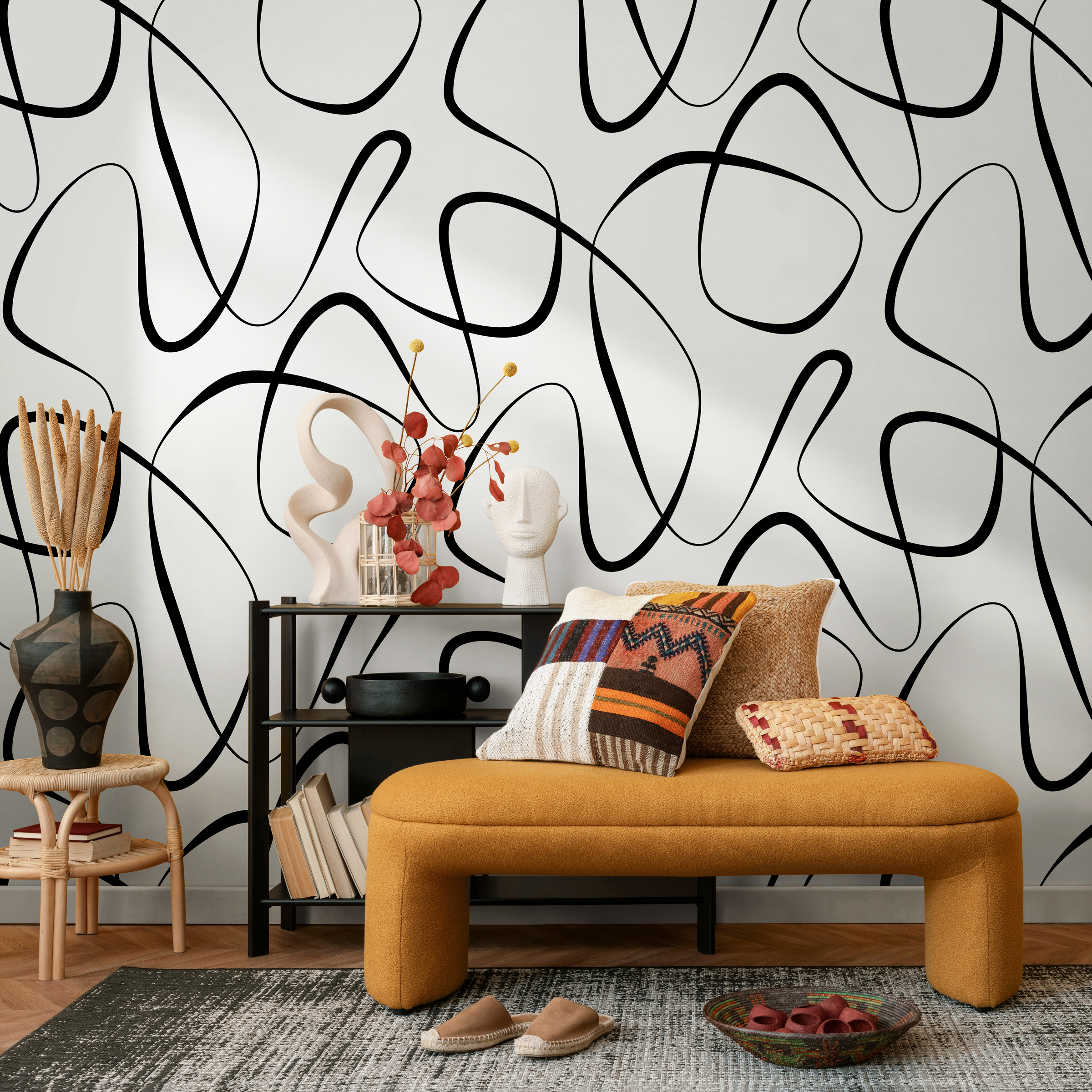 Abstract Wallpaper With Continuous Line Art In Black And White - B603