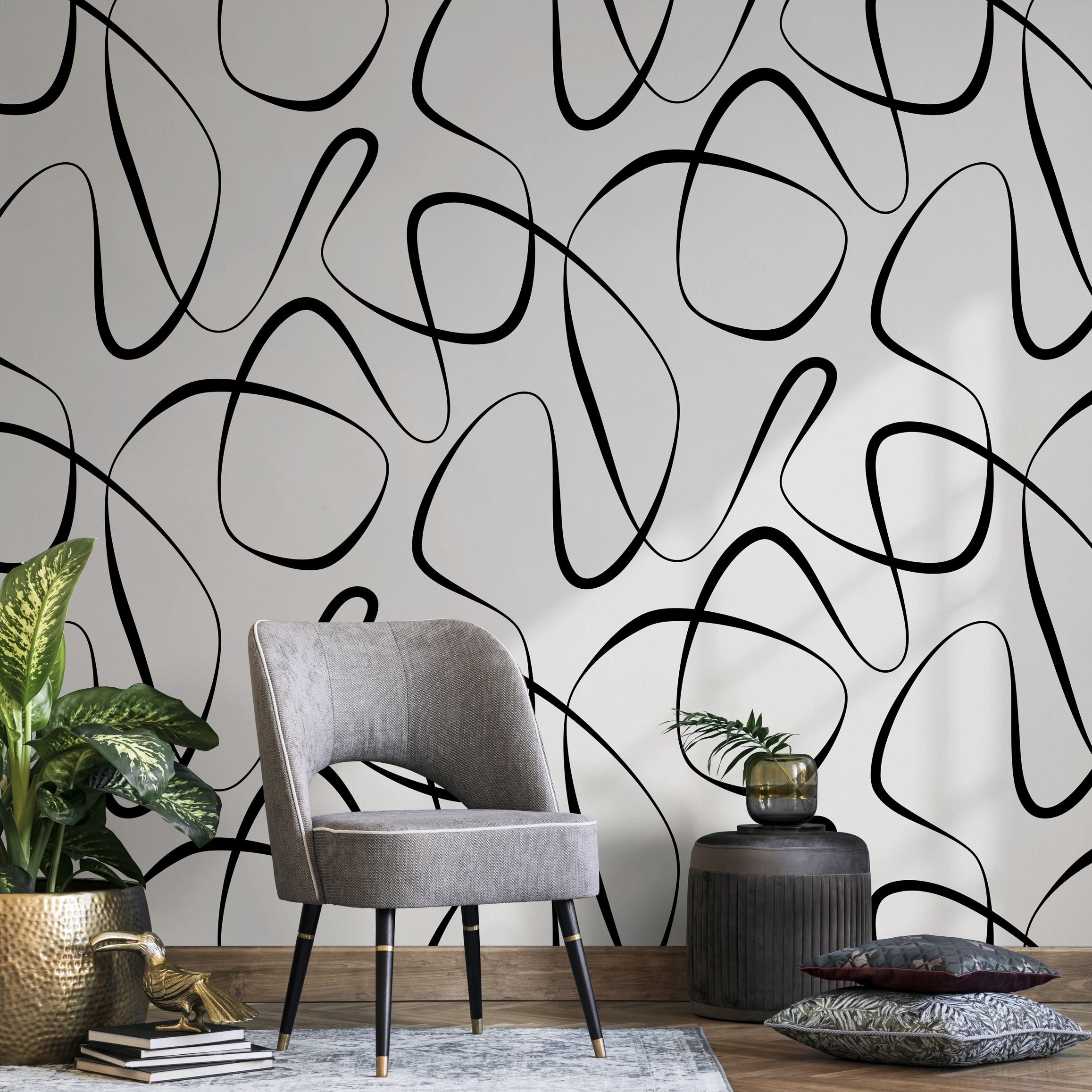 Abstract Wallpaper With Continuous Line Art In Black And White - B603