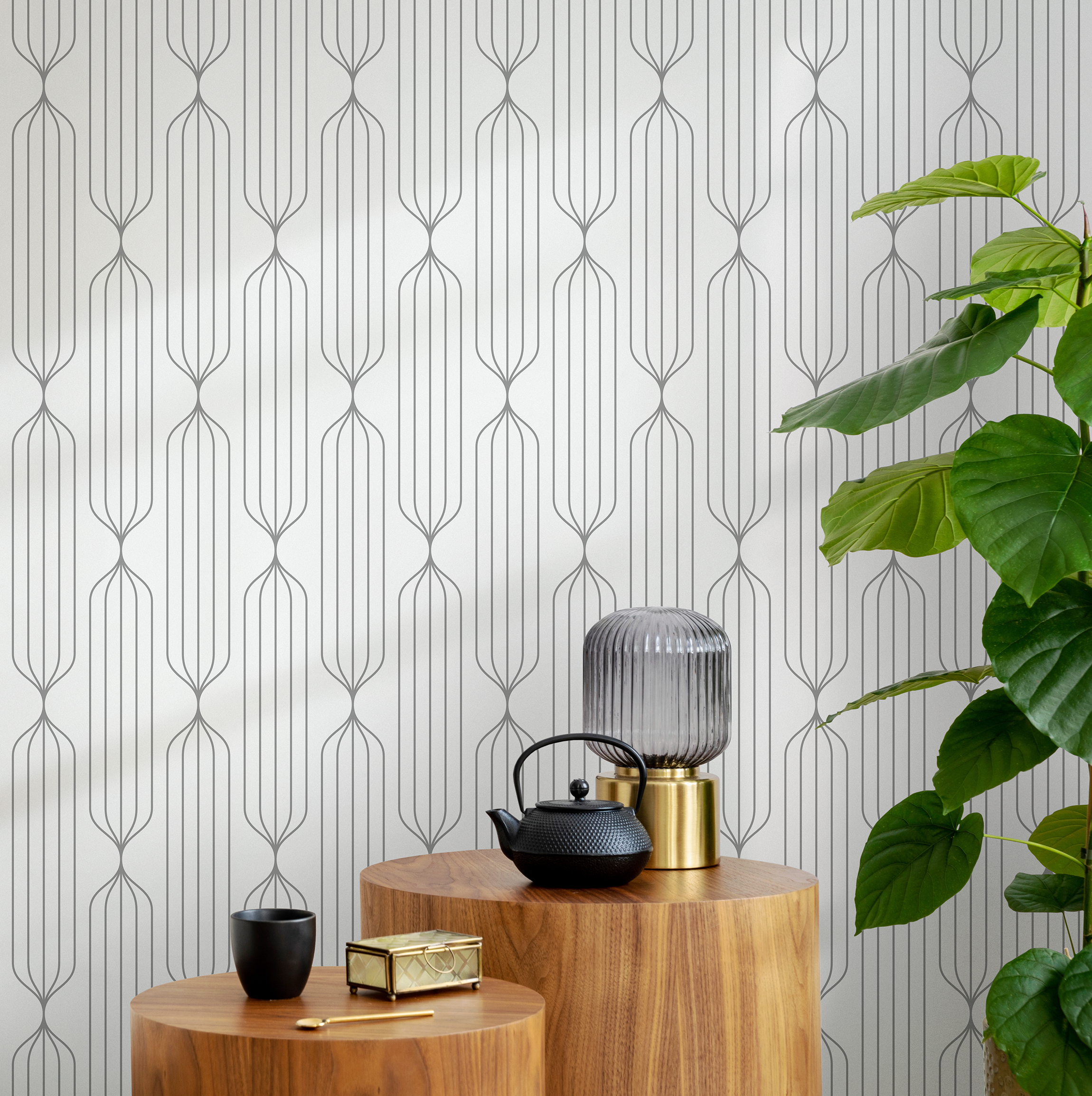 Art Deco Wallpaper With An Elegant Linear Motif In Gray - B604