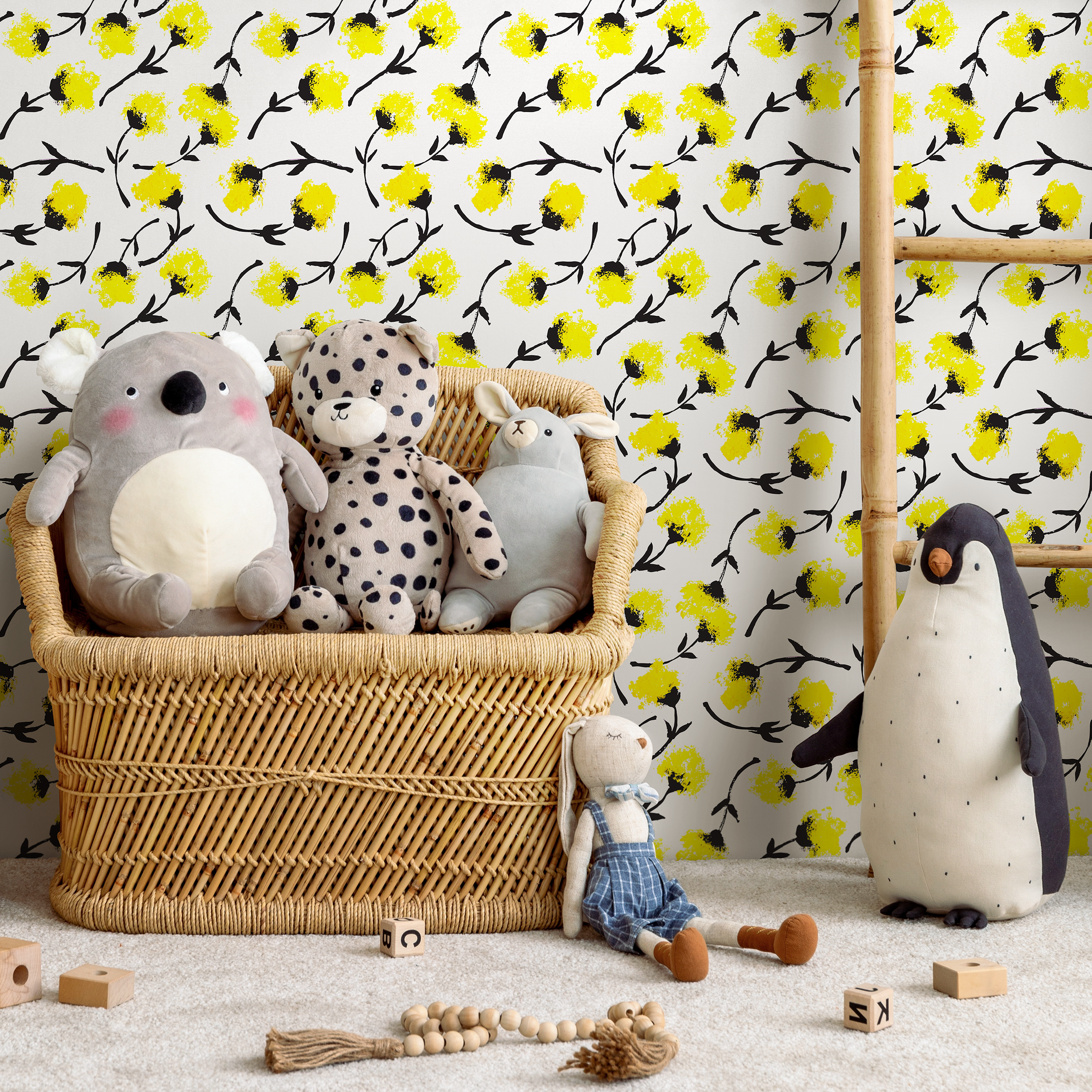 Floral Wallpaper With A Painterly Flower Motif In Yellow And Black - B606