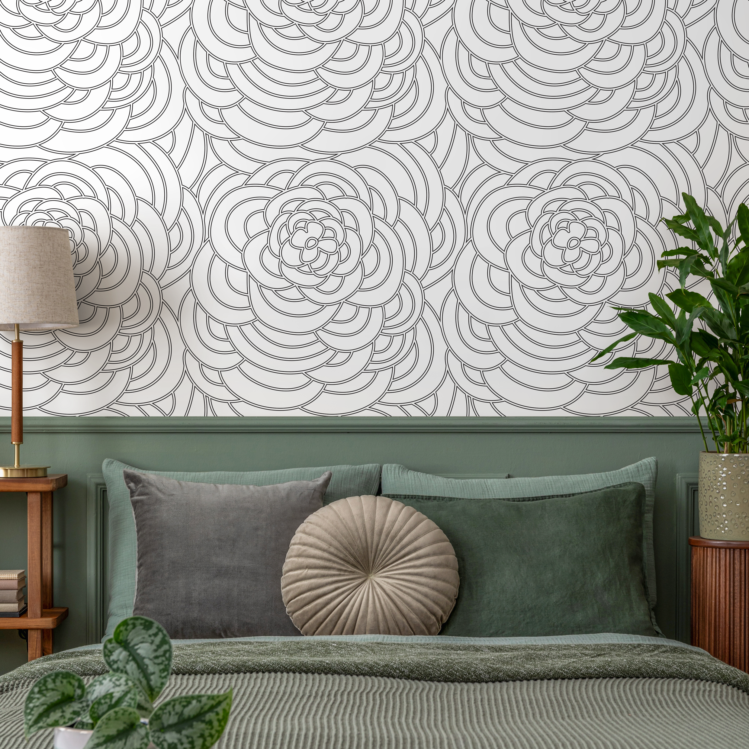 Geometric Wallpaper With Overlapping Arches In Green, Orange, And Beige - B609