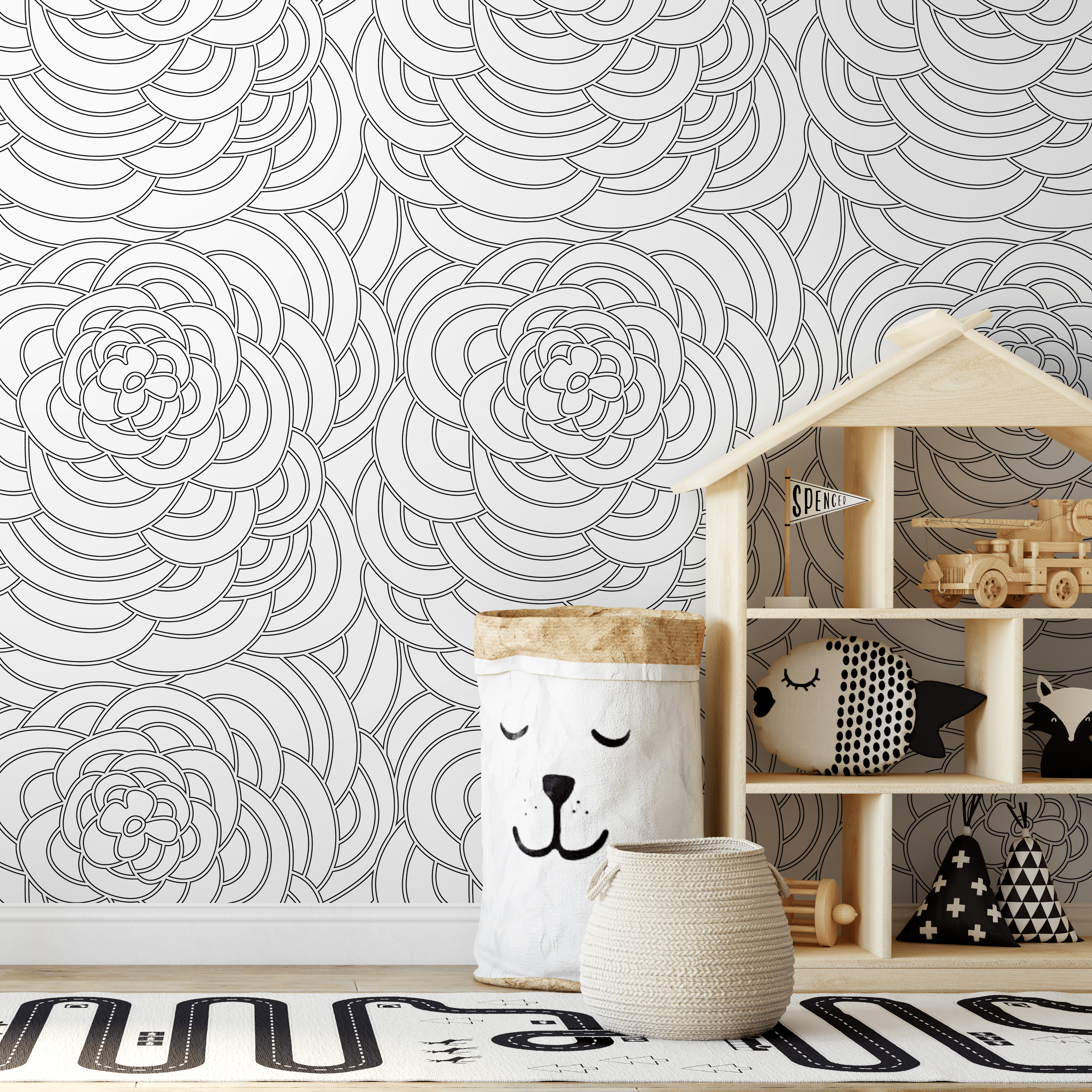 Geometric Wallpaper With Overlapping Arches In Green, Orange, And Beige - B609