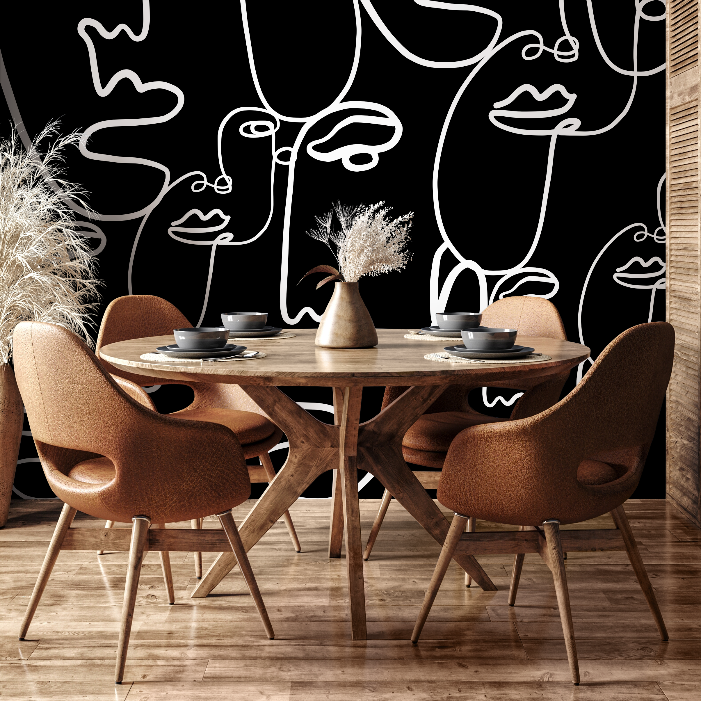 Line Art Wallpaper Featuring Abstract Faces In Black And White - B610